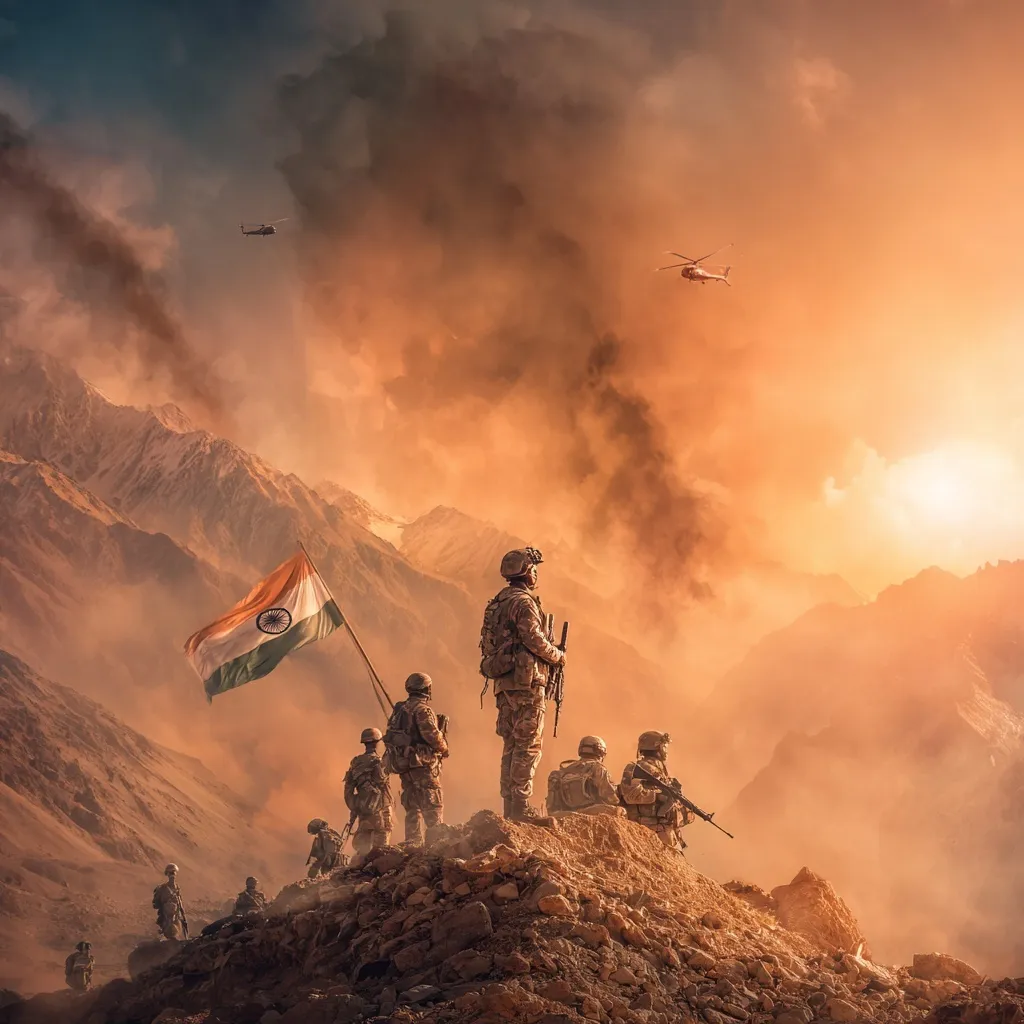 Indian soldiers standing on a Kargil mountain ridge holding the national flag amid a dramatic, cinematic war scene.