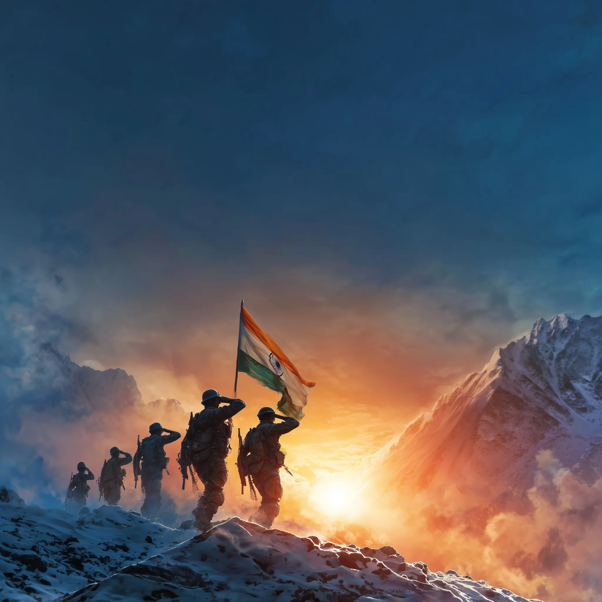 Indian soldiers saluting with the national flag on a snowy mountain peak at sunrise, cinematic patriotic poster.
