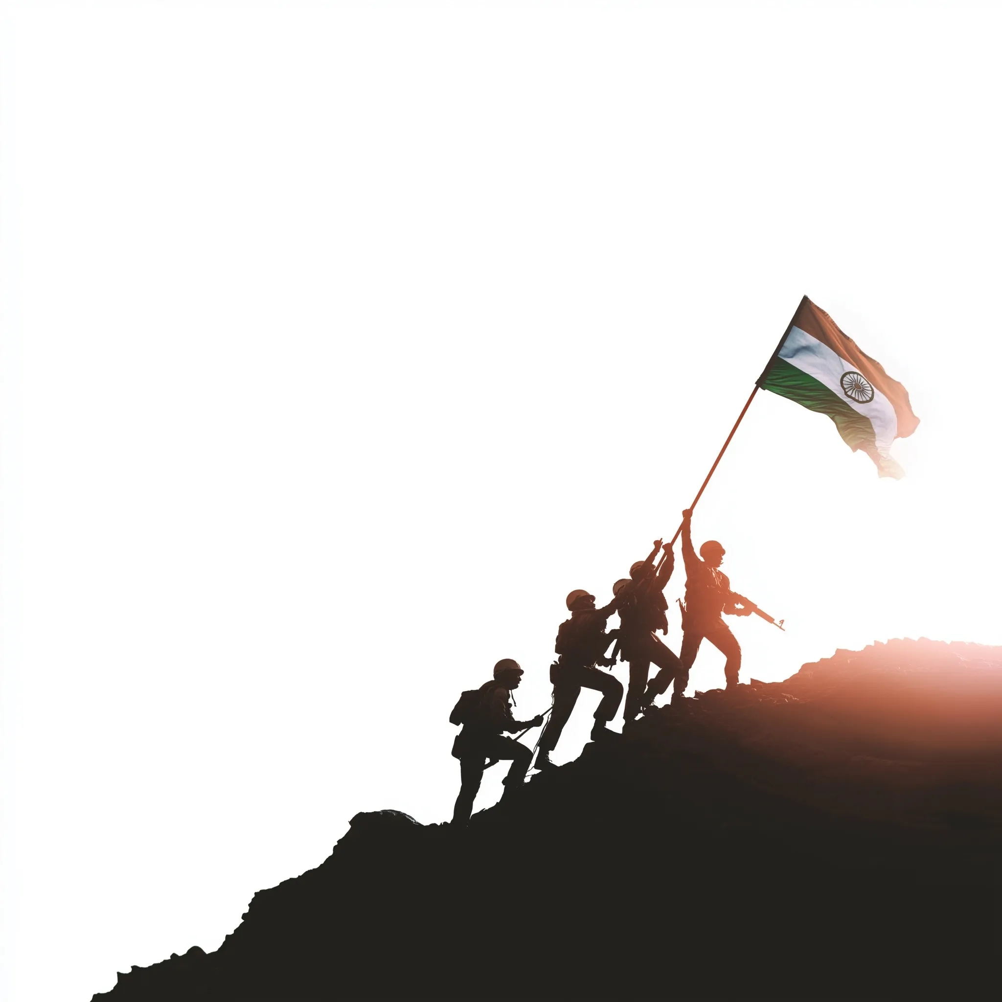 Silhouettes of Indian soldiers hoisting the tricolor flag on Tiger Hill at sunrise against a white background.