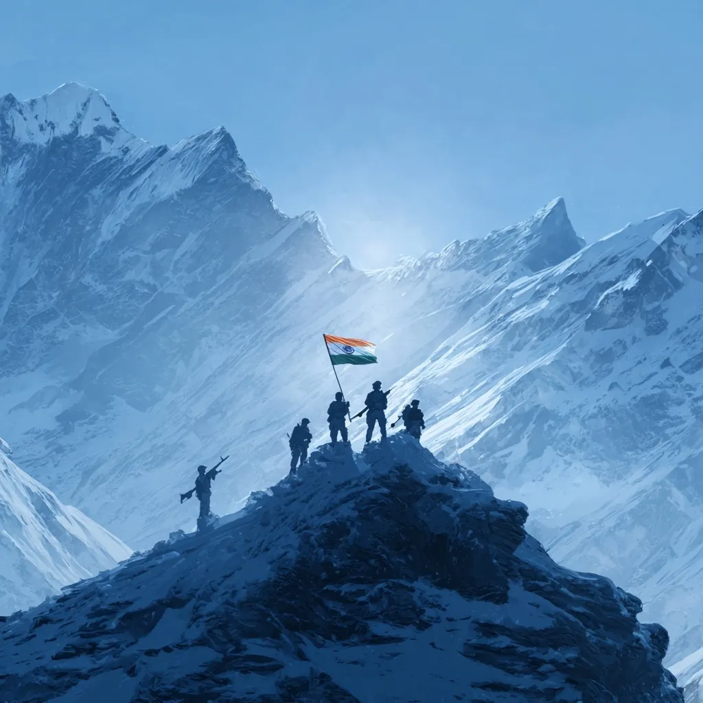 Indian soldiers standing on a snowy Himalayan peak holding the Indian tricolor flag in a heroic pose.
