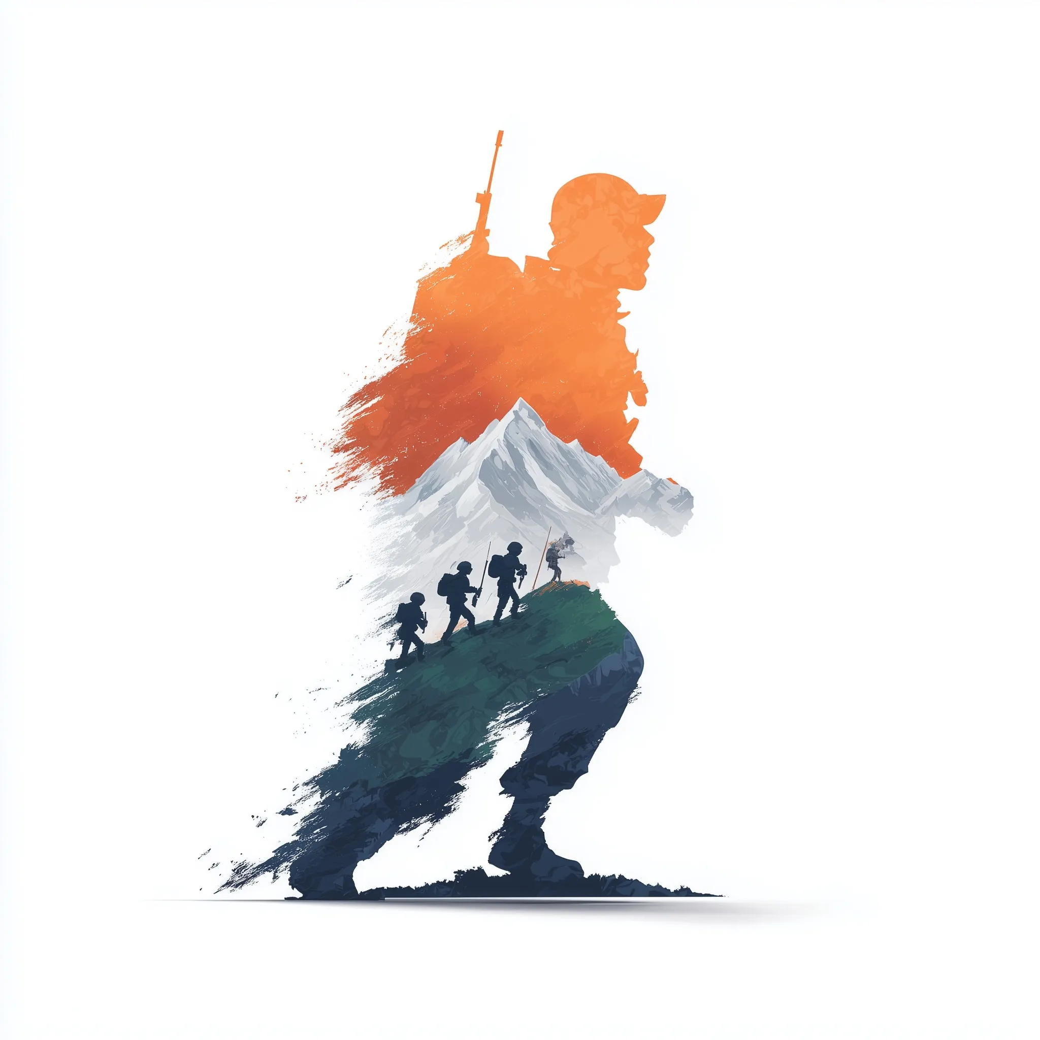 Indian soldiers holding the national flag on a white background for Kargil Vijay Diwas illustration.