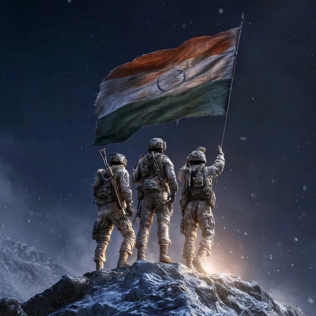 Indian soldiers standing on a mountain peak waving the national tricolor flag against a dark, cinematic war backdrop.