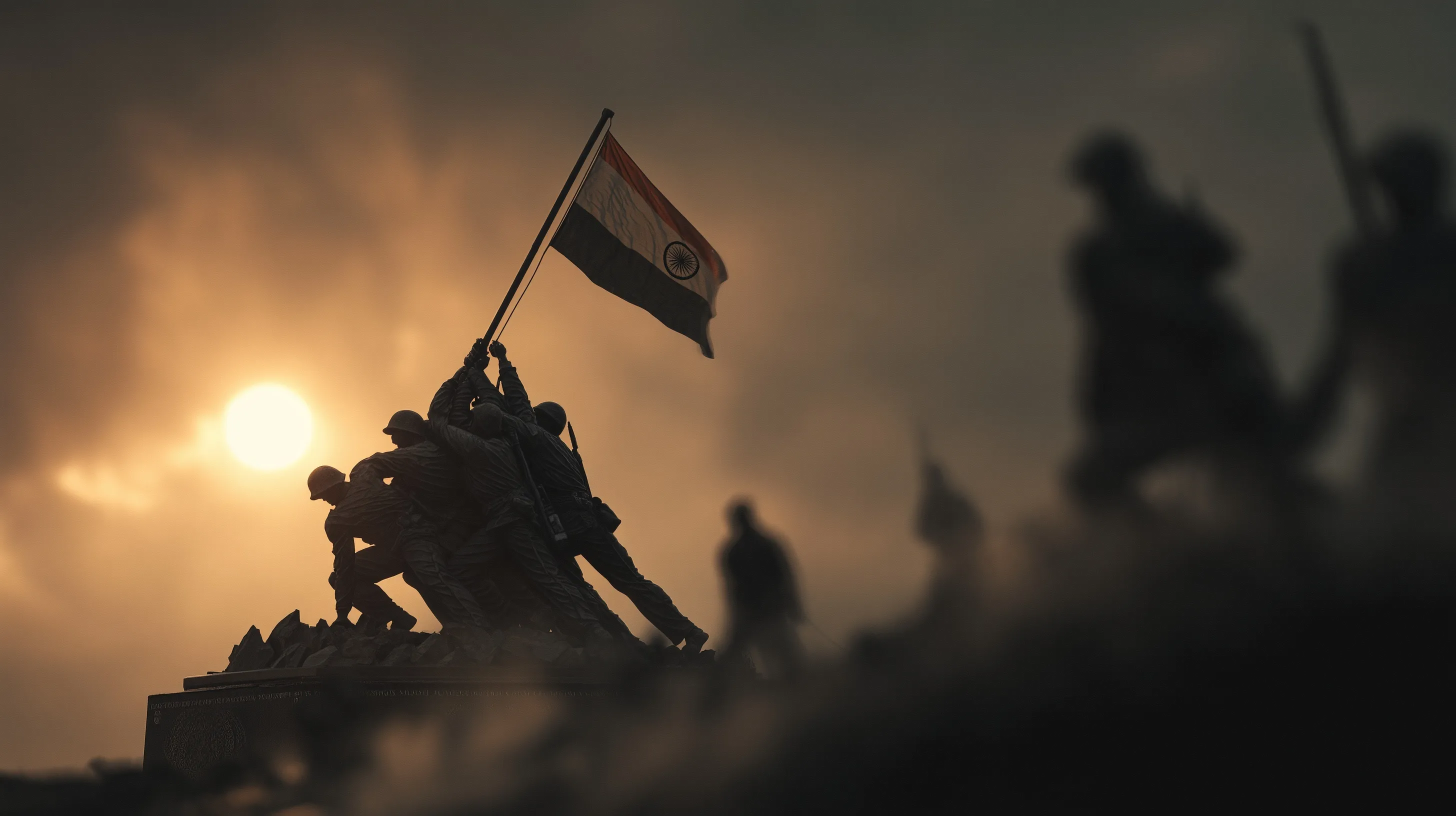 Soldiers in bronze statue style hoisting a massive Indian flag against dramatic stormy skies with golden light.