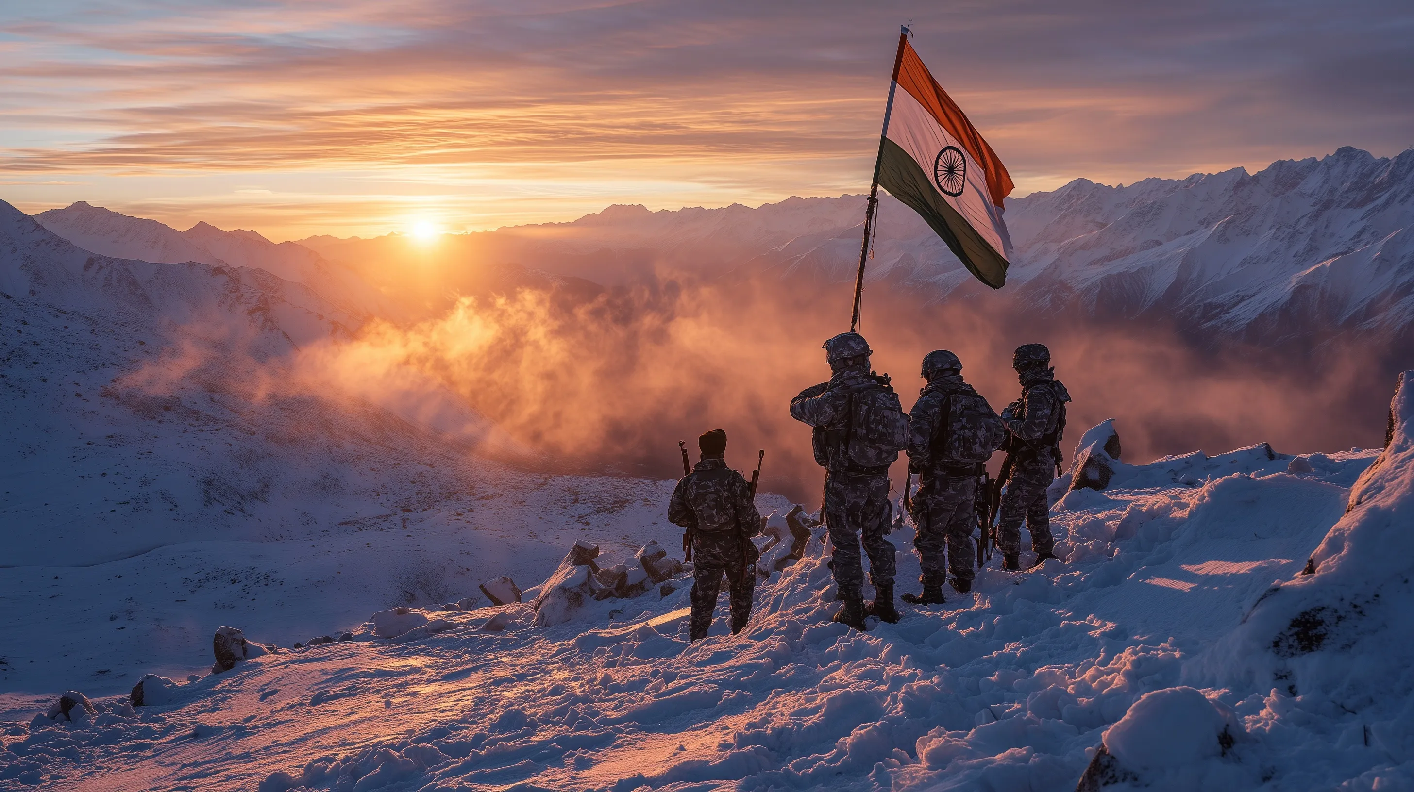 Indian Army soldiers raising the Indian tricolor flag on a snowy Himalayan peak at sunrise.