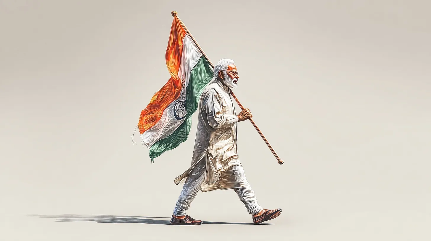 Narendra Modi walking proudly while holding a tall Indian national flag, photorealistic style.