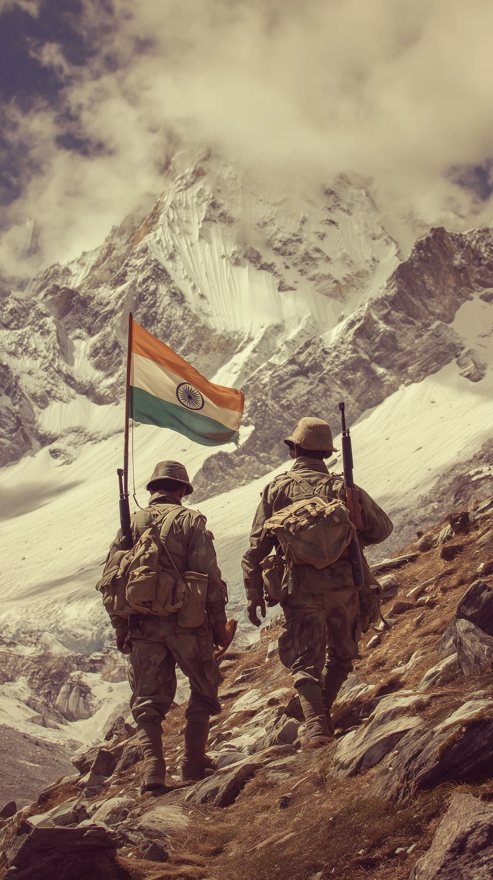 Indian soldiers seen from behind holding the Indian flag against a backdrop of the Himalayan mountains.