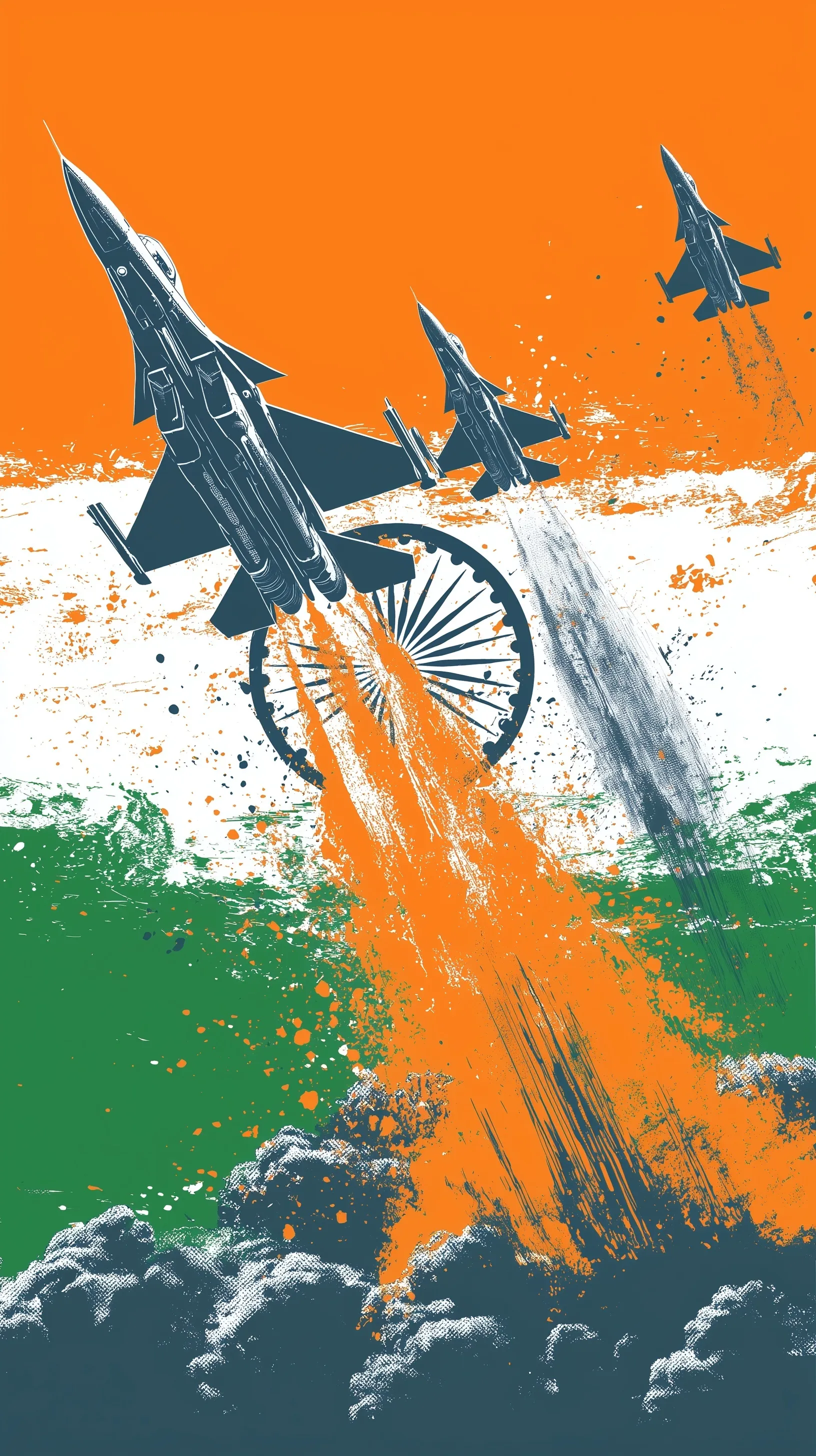 Indian Independence Day graphic with tricolor flag, fighter jets, and smoke emblem on a clean white background.