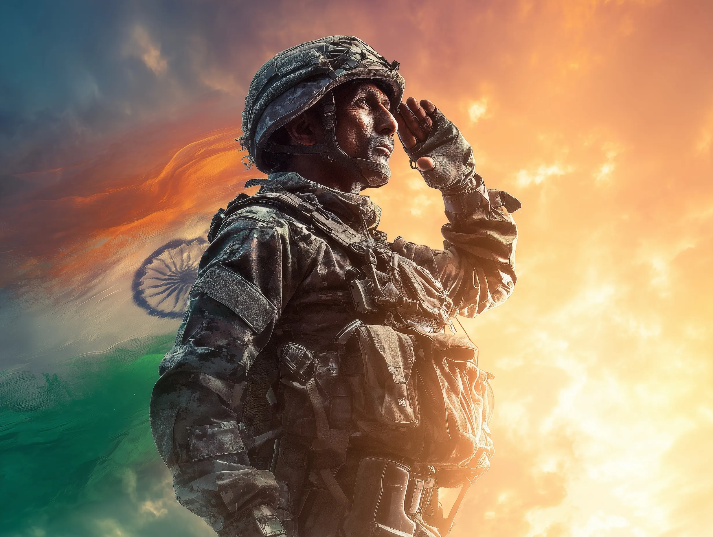 Indian Army soldier in combat uniform saluting against a majestic, waving Indian national tricolour flag background.