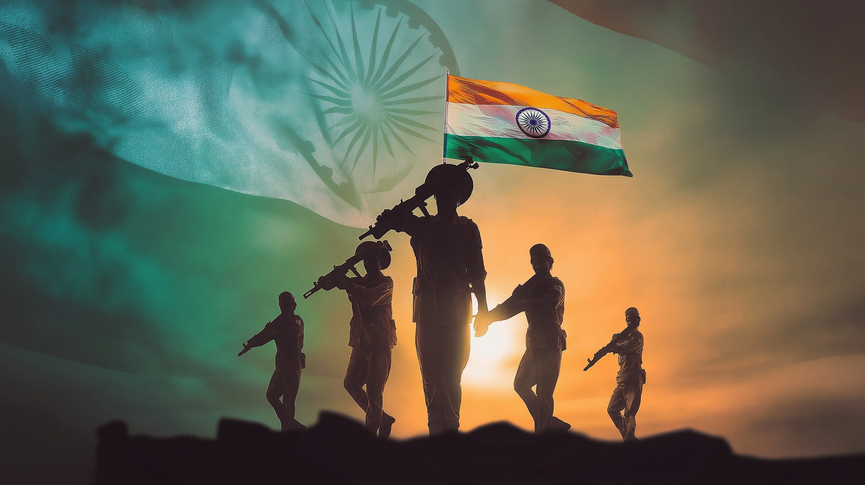 Indian soldiers standing proudly with the national flag against a sunset sky for Independence Day celebration.