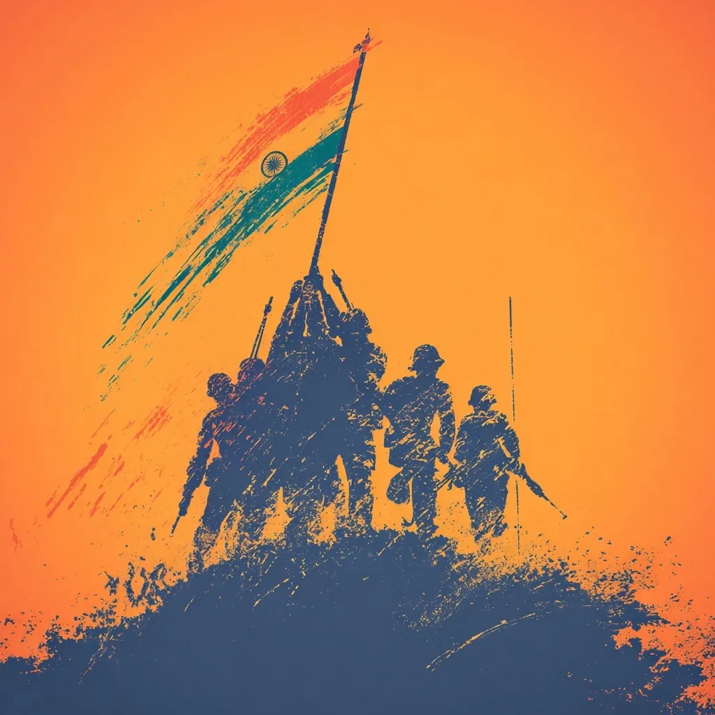 Indian soldiers standing proudly with the national tricolor flag during Independence Day celebrations.