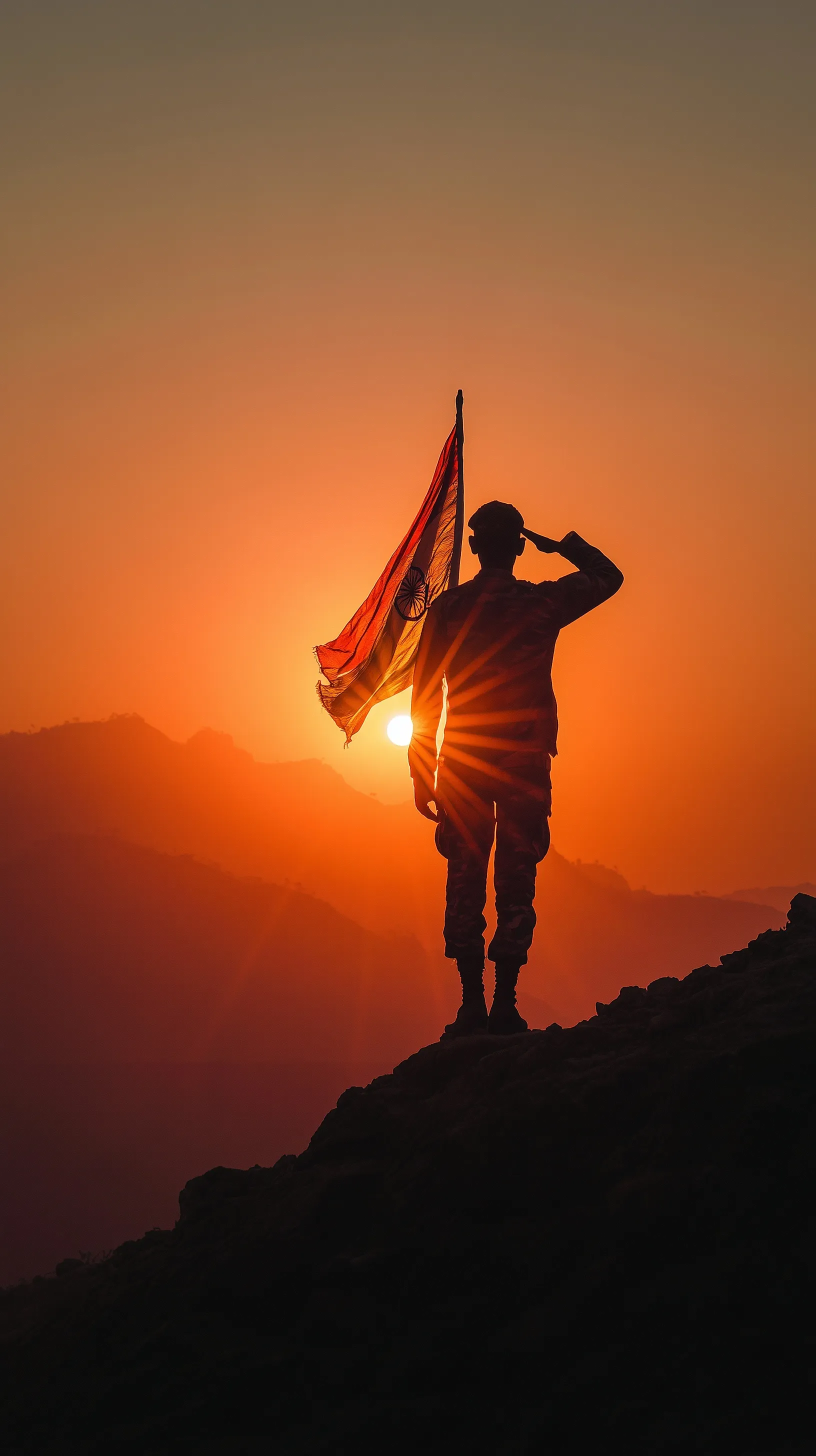 A silhouette of an Indian soldier saluting against a waving Indian flag bathed in warm, spiritual sunlight.