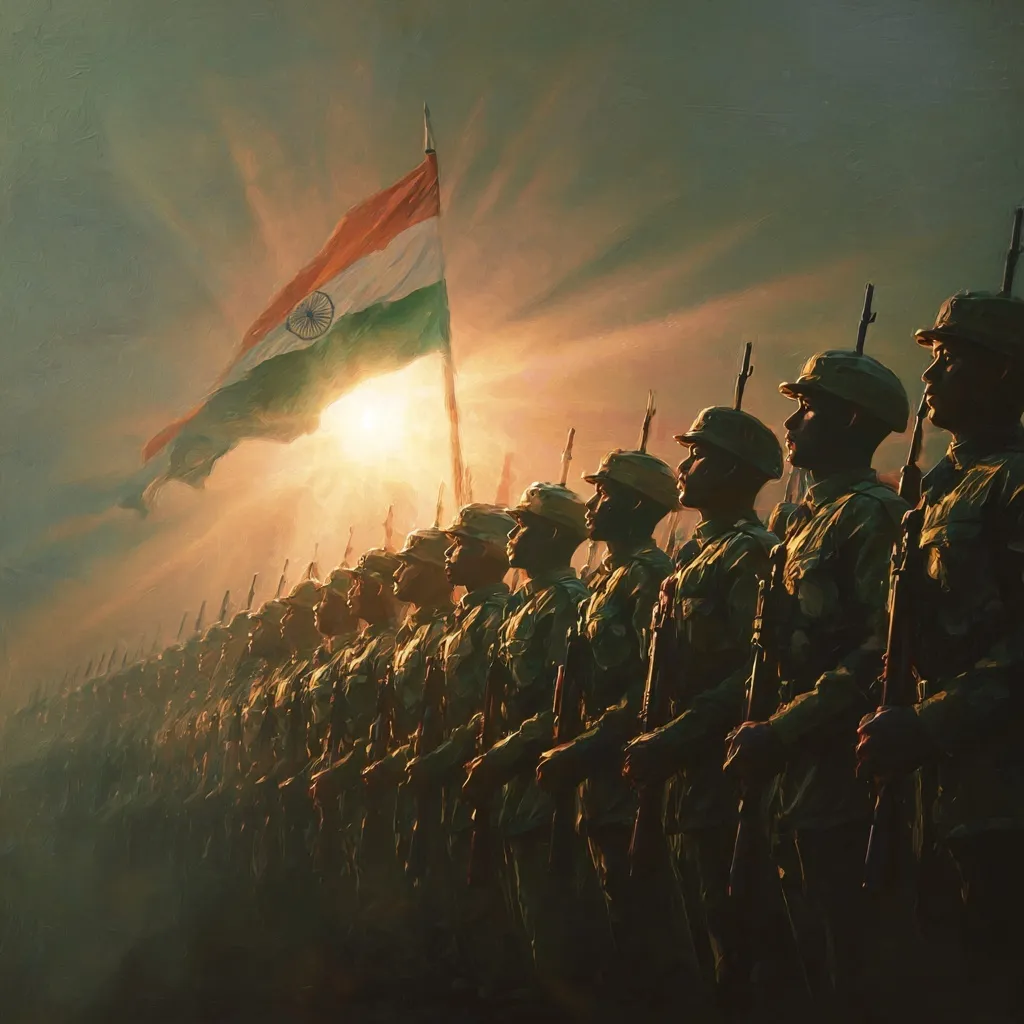 Proud Indian Army soldiers standing in formation with rifles and a billowing national tricolour flag.