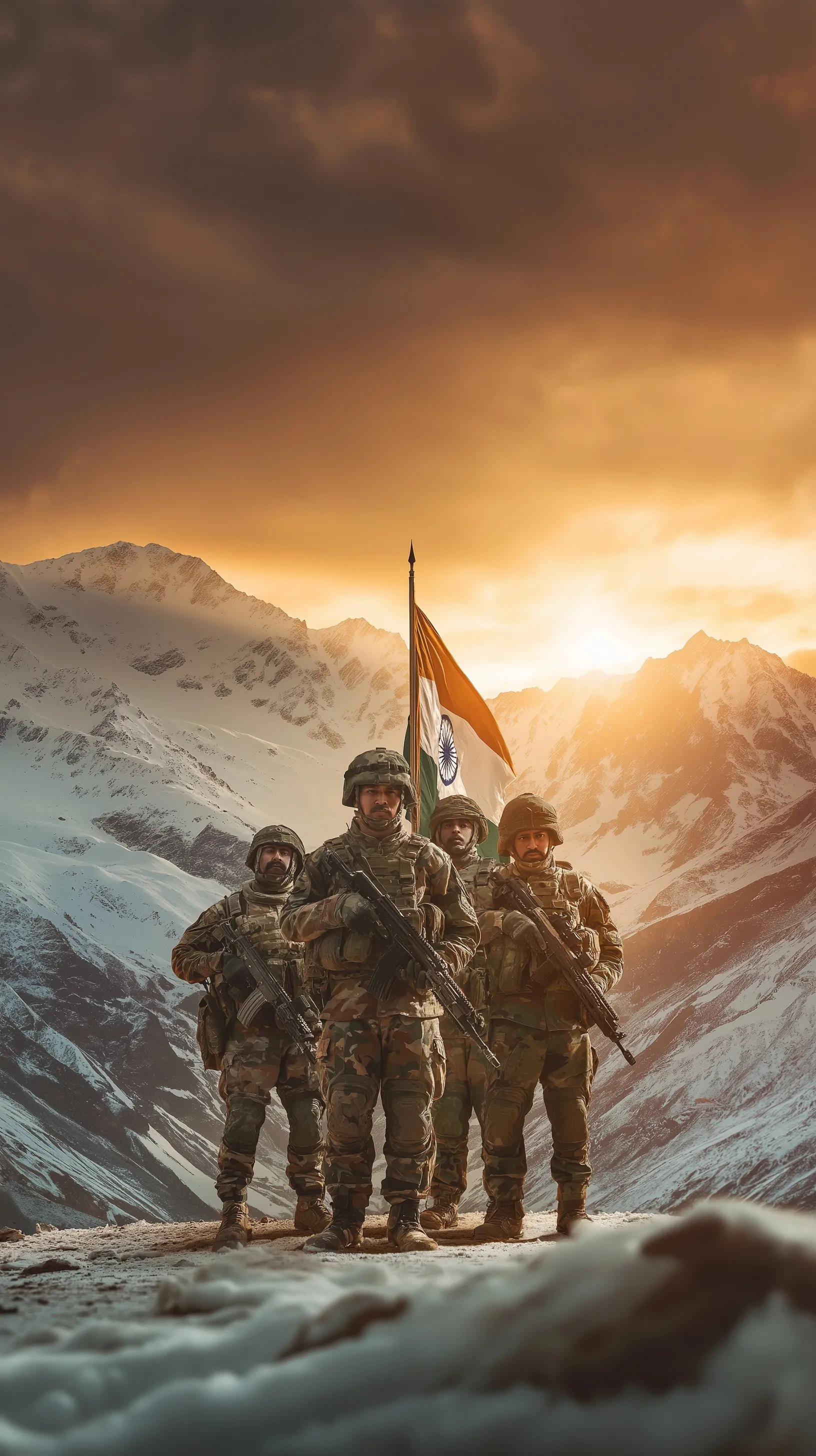 Five Indian Army soldiers in combat gear standing before the Indian tricolor flag in snowy mountainous terrain.