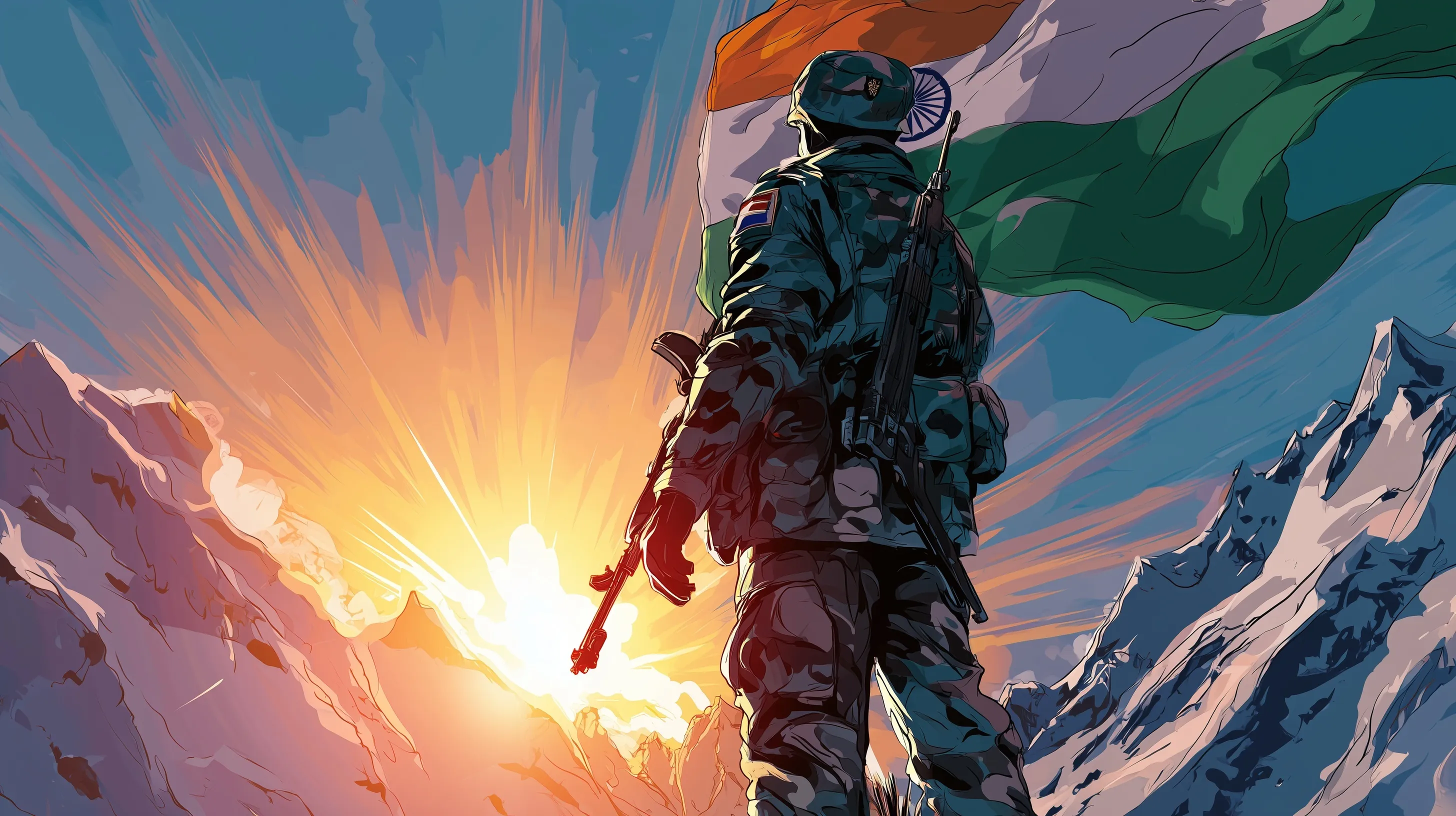 Indian soldier in uniform standing at attention with rifle and national flag against a dramatic twilight sky.