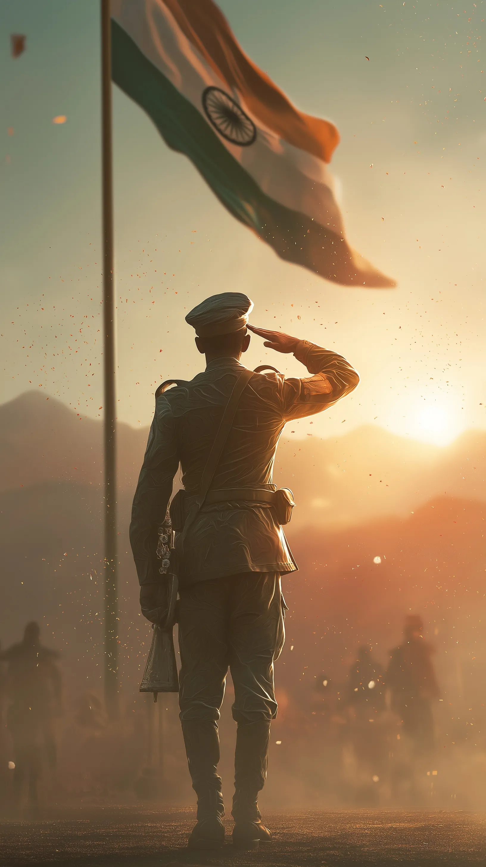 Indian soldier in uniform saluting the national flag during golden hour with mountains in the background.