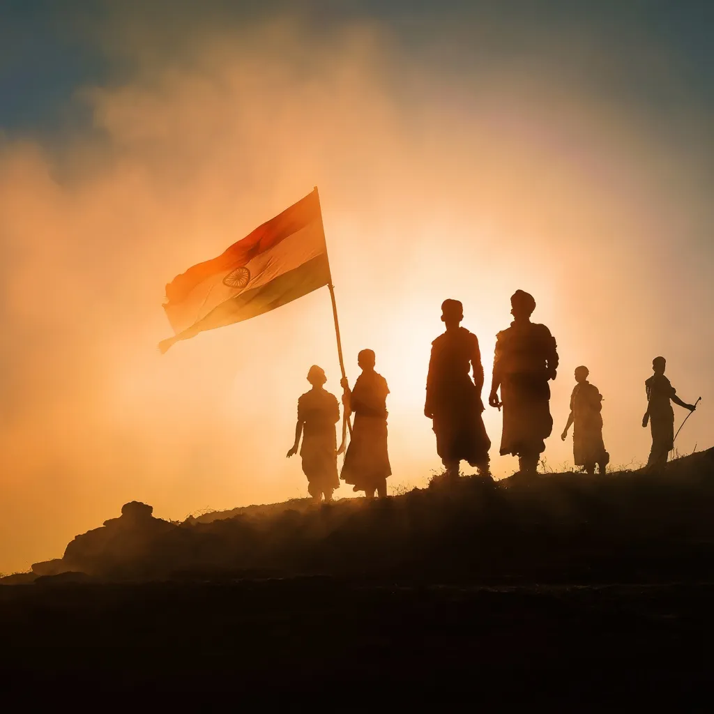 Indian freedom fighters silhouette with the tricolour flag at dawn, symbolizing 1947 independence and victory.