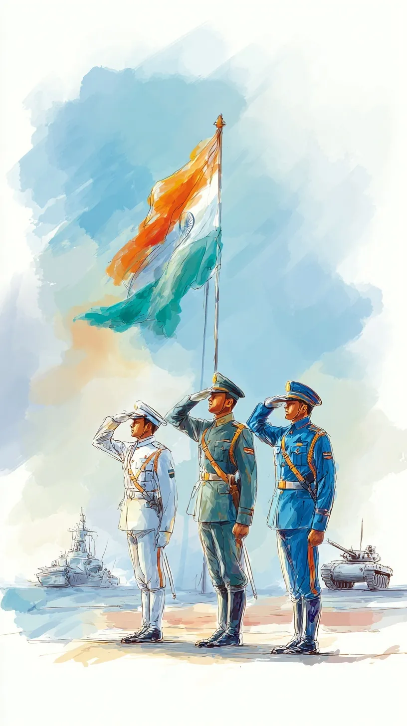 Indian Army, Navy, and Air Force soldiers standing together and raising the Indian national flag, watercolor style.