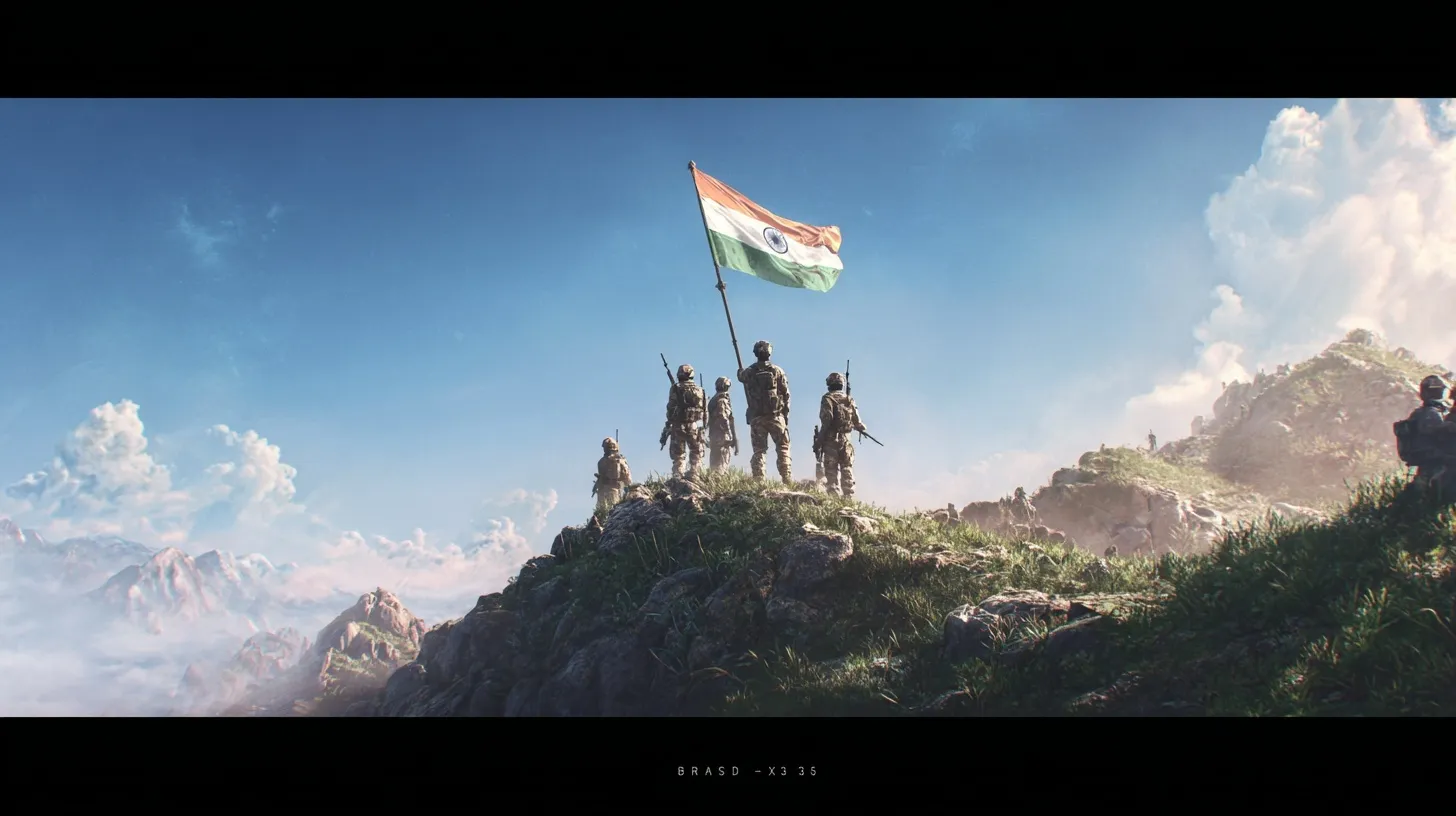 Indian soldiers standing on a mountain hilltop holding the national flag in a hyper-realistic cinematic style.