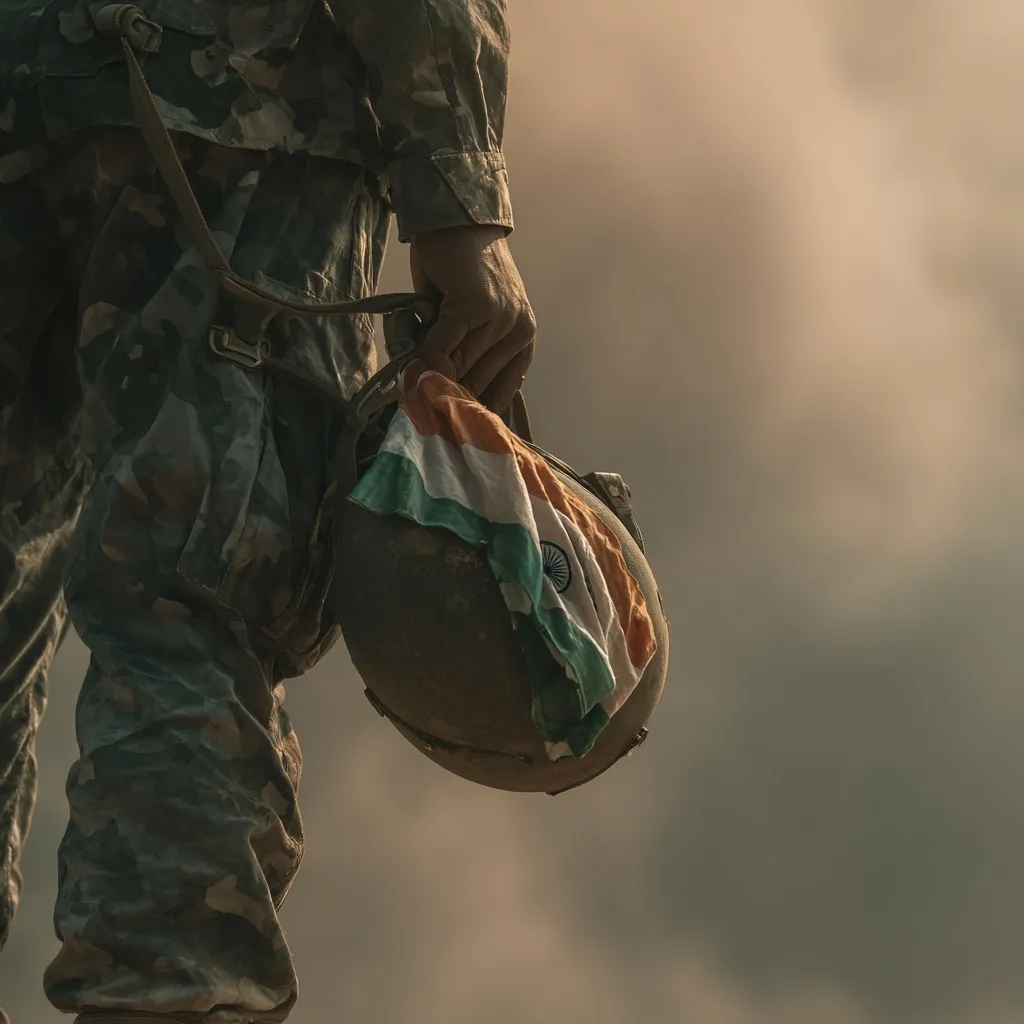 Indian soldier in camouflage uniform holding a helmet with a neatly folded Indian national flag, cinematic style.