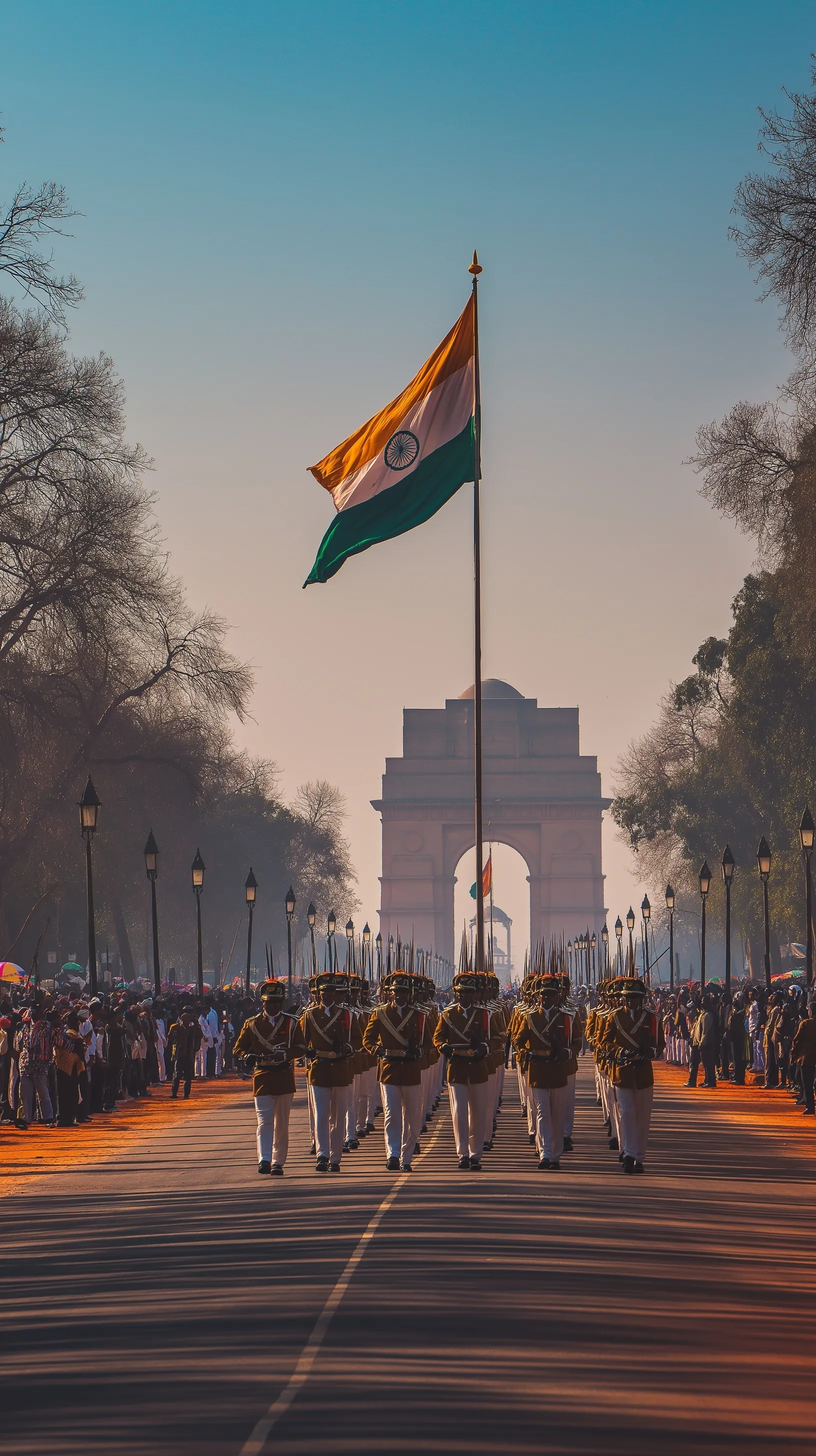 Soldiers in ceremonial uniform marching near India Gate during an Indian Republic Day celebration under a blue sky.