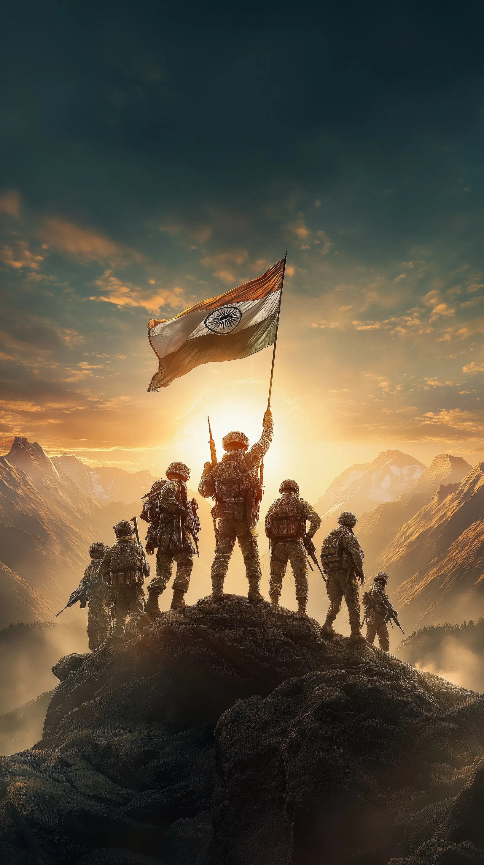 Indian Army soldiers standing on a mountain summit, triumphantly holding the Indian national flag at sunset.