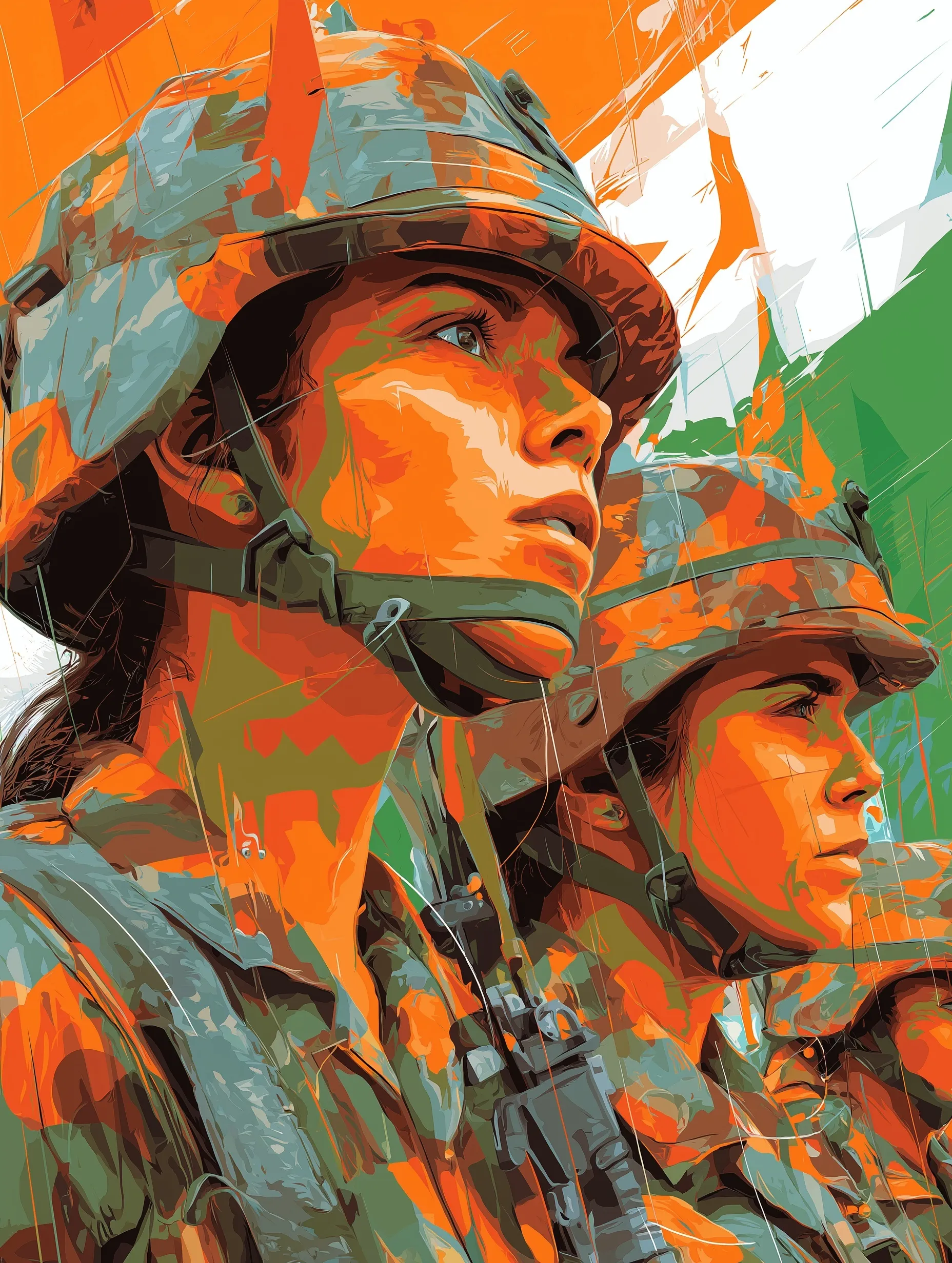 Indian army man and woman standing together against a tricolor orange, white, and green background.