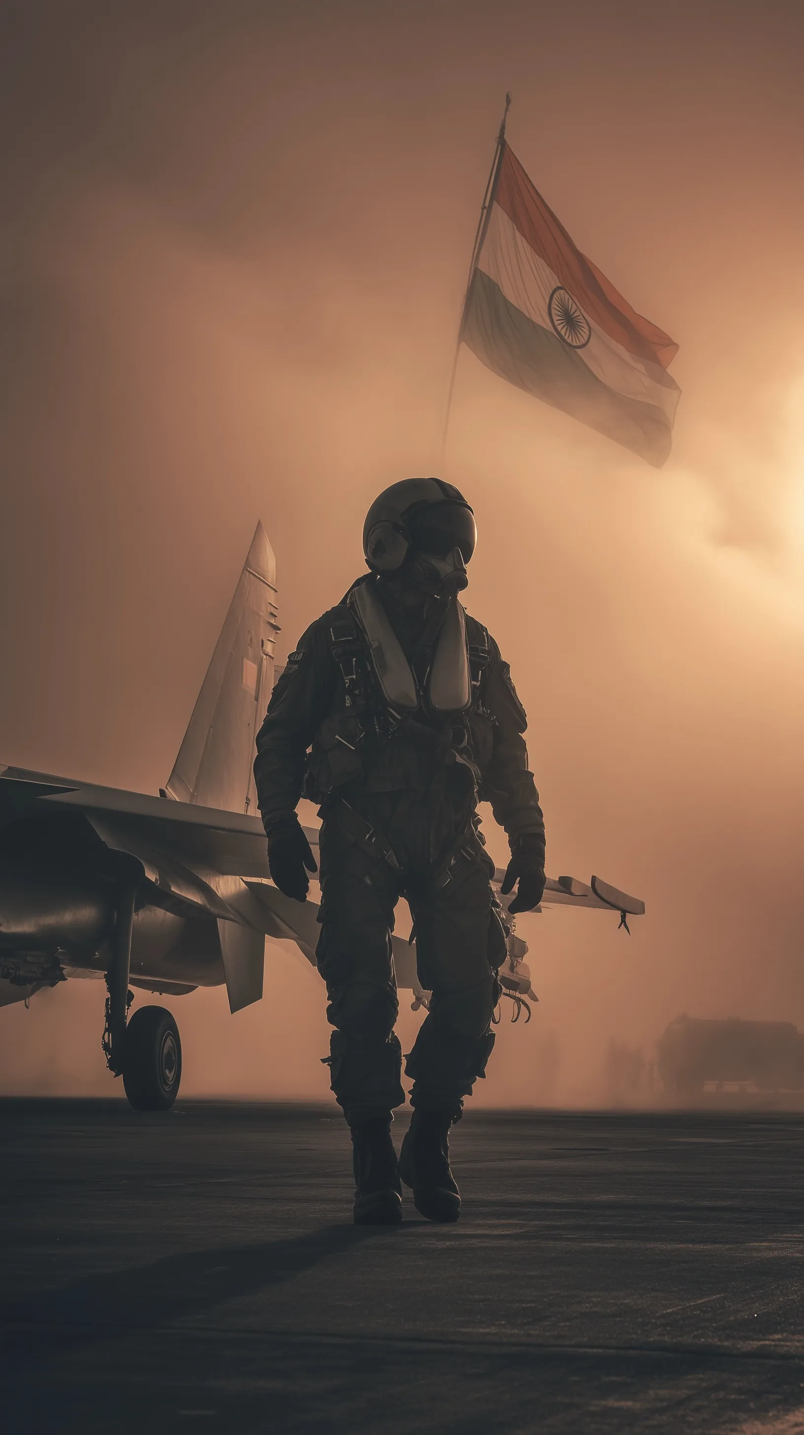 Indian Air Force pilot in gear standing before a Su-30MKI fighter jet with an Indian flag at dusk.