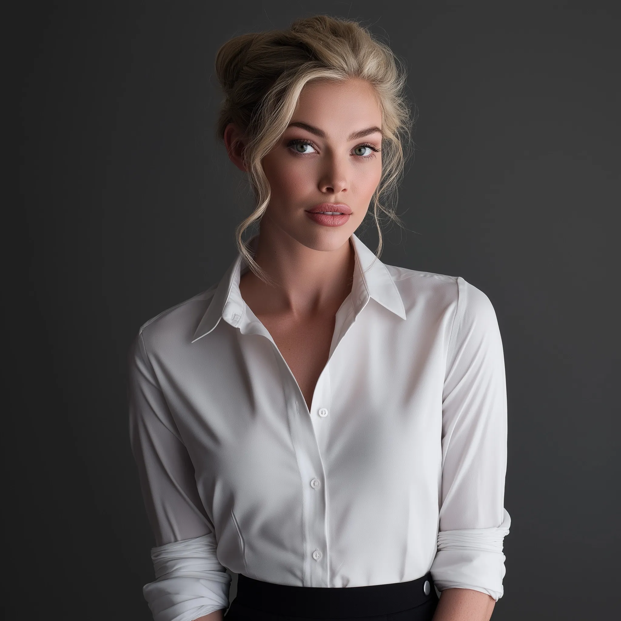 Blonde woman with professional interview hairstyle wearing a white formal shirt in a studio.