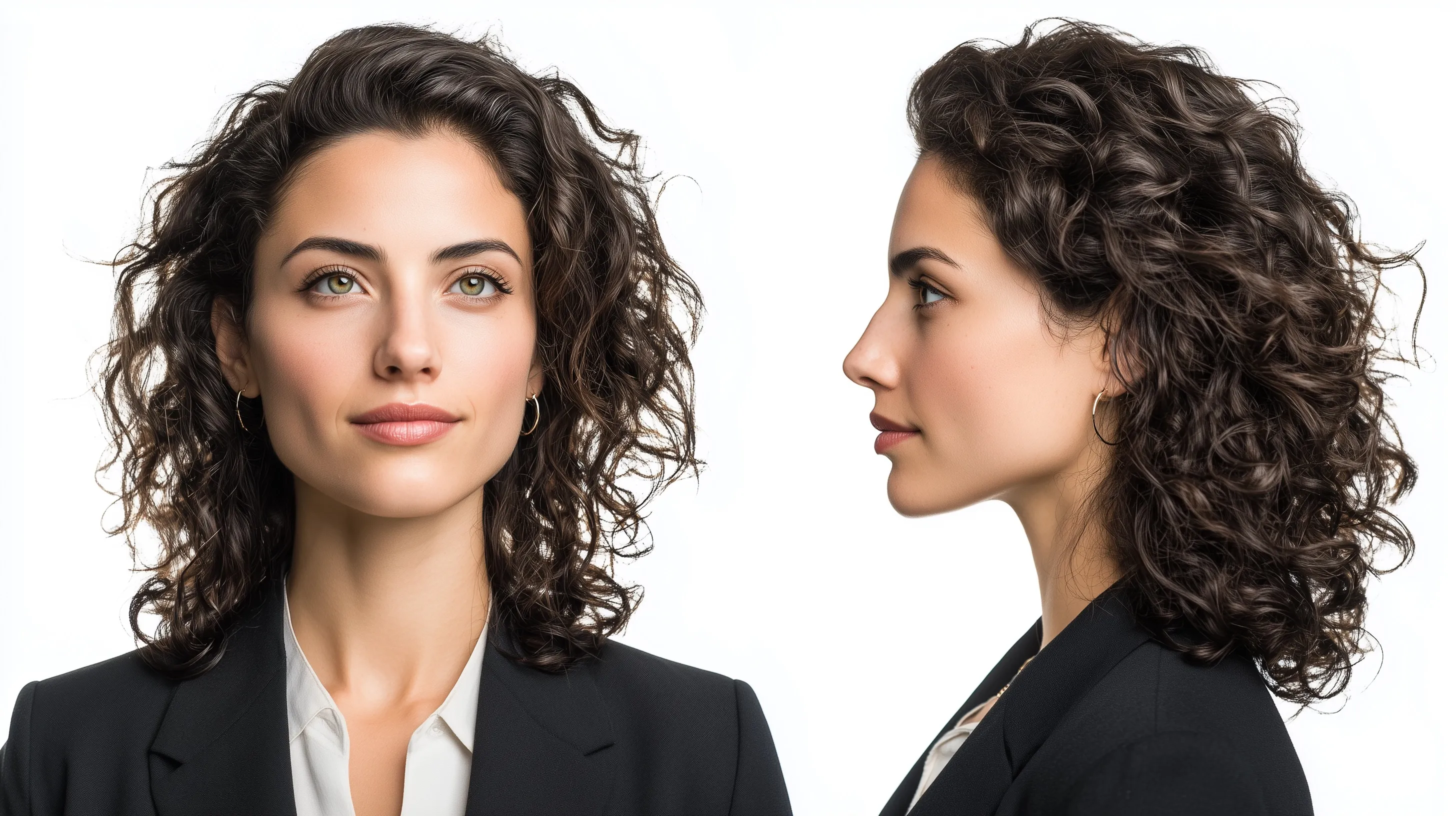 Professional Lebanese woman in a business suit with curly hair, isolated on a white background for interview headshots.