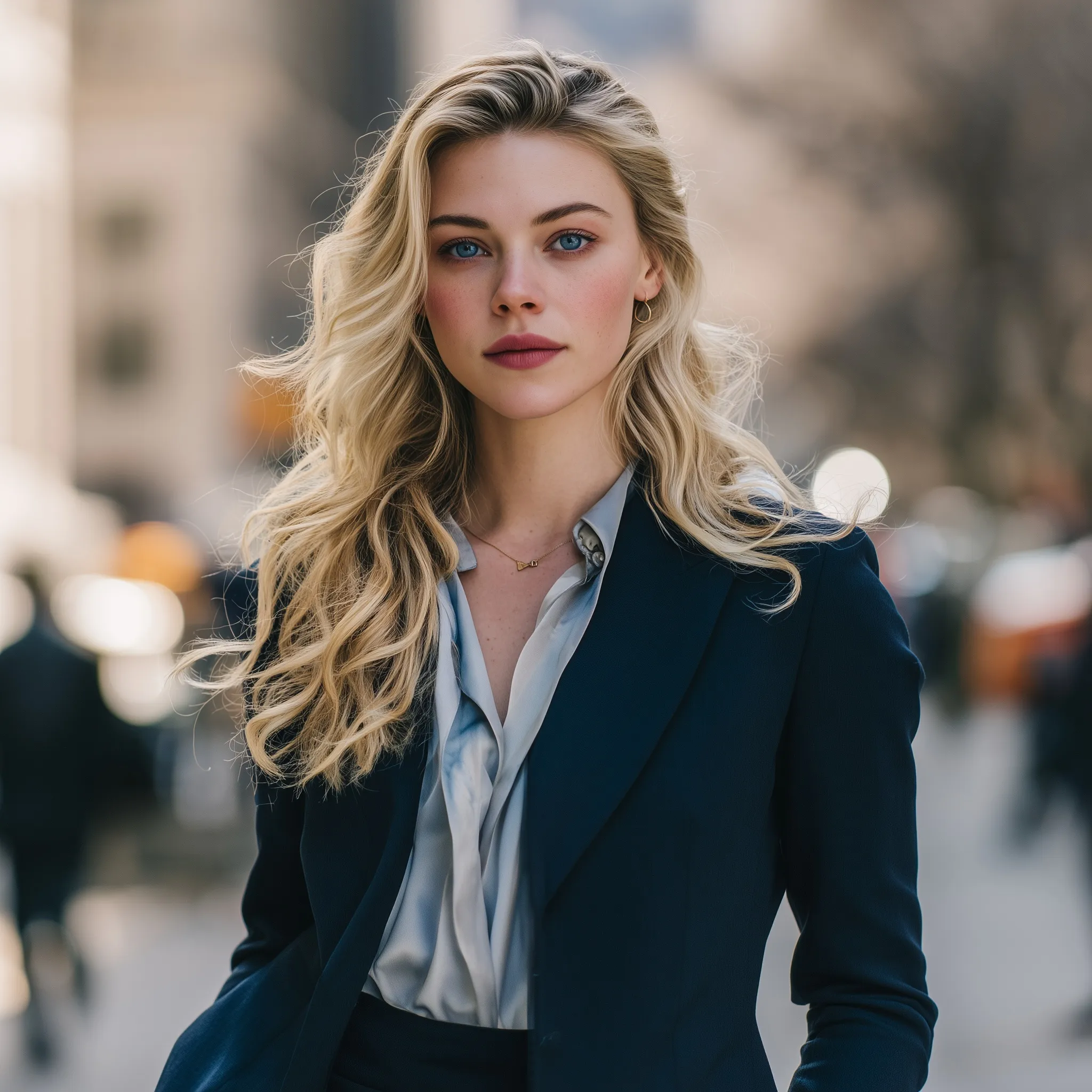 Elegant female detective with long wavy blonde hair and navy blazer standing confidently on a New York City street.