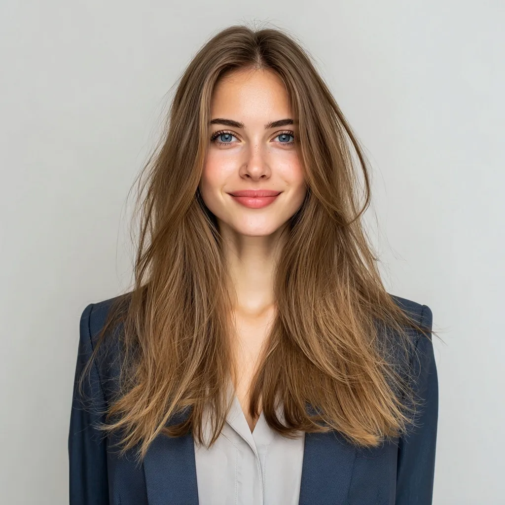 Professional 40-year-old businesswoman with straight smooth hair in a confident interview setting.