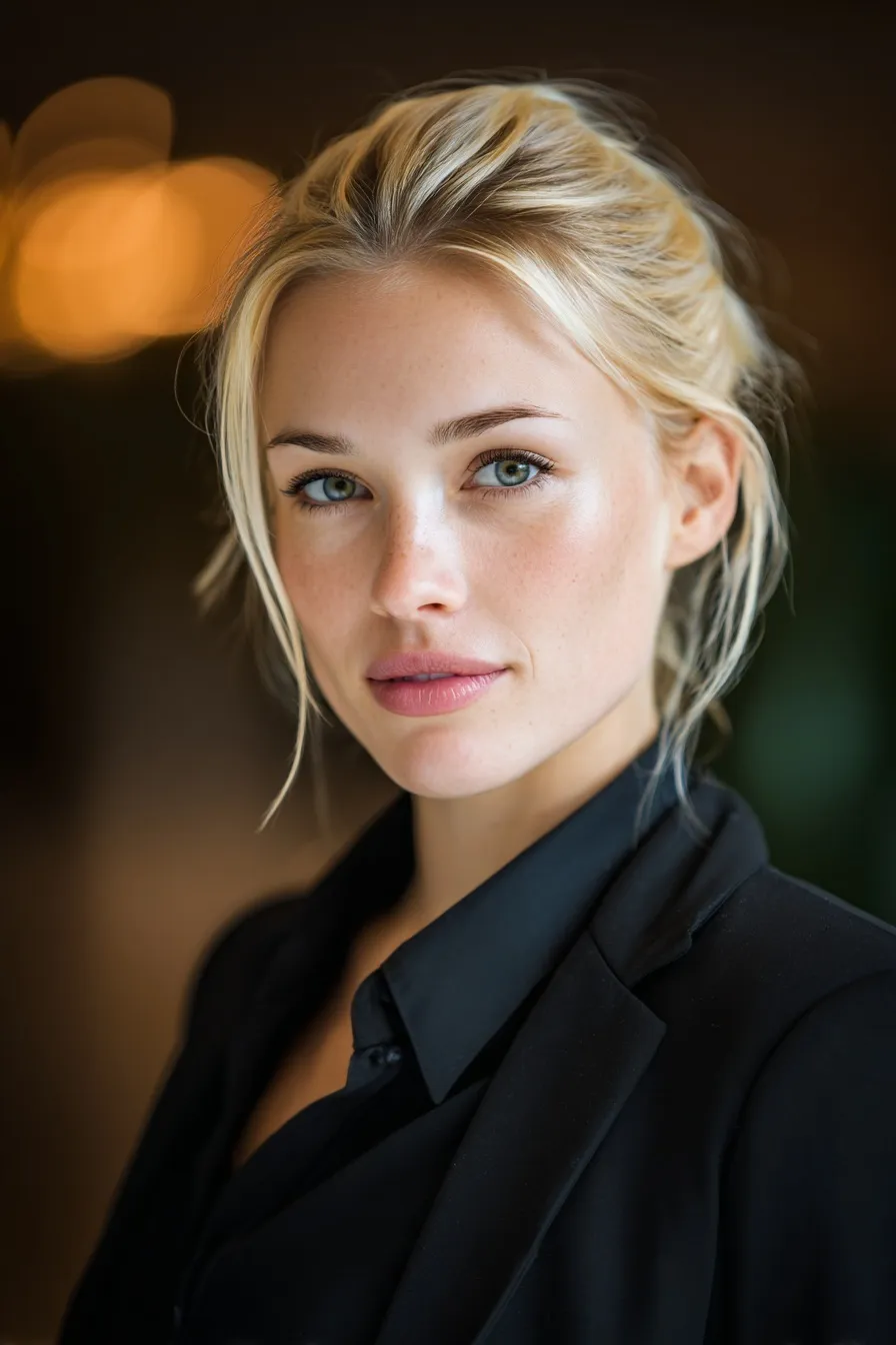 Professional headshot of a smiling blonde woman in a black suit for an interview, captured at an upscale hotel.
