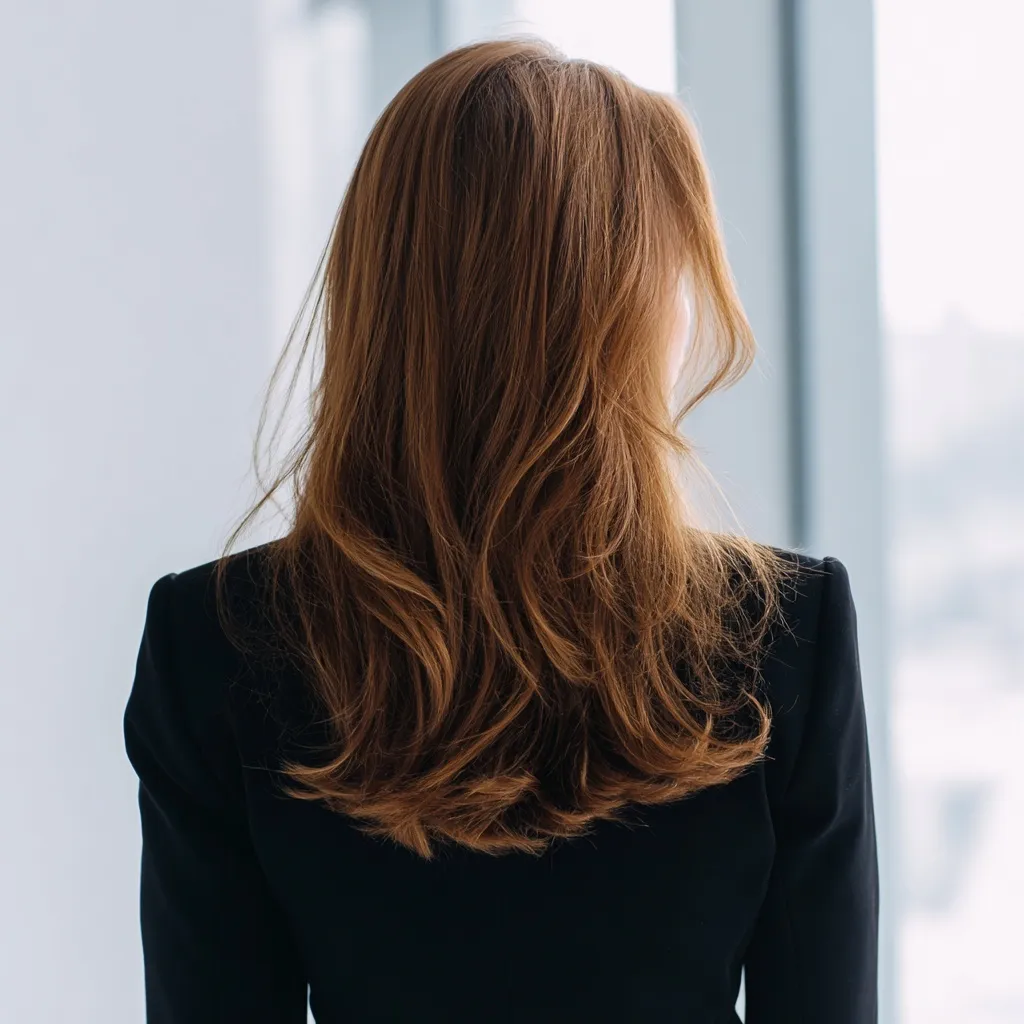 A professional woman with light chestnut hair in an elegant black blazer, soft natural lighting.