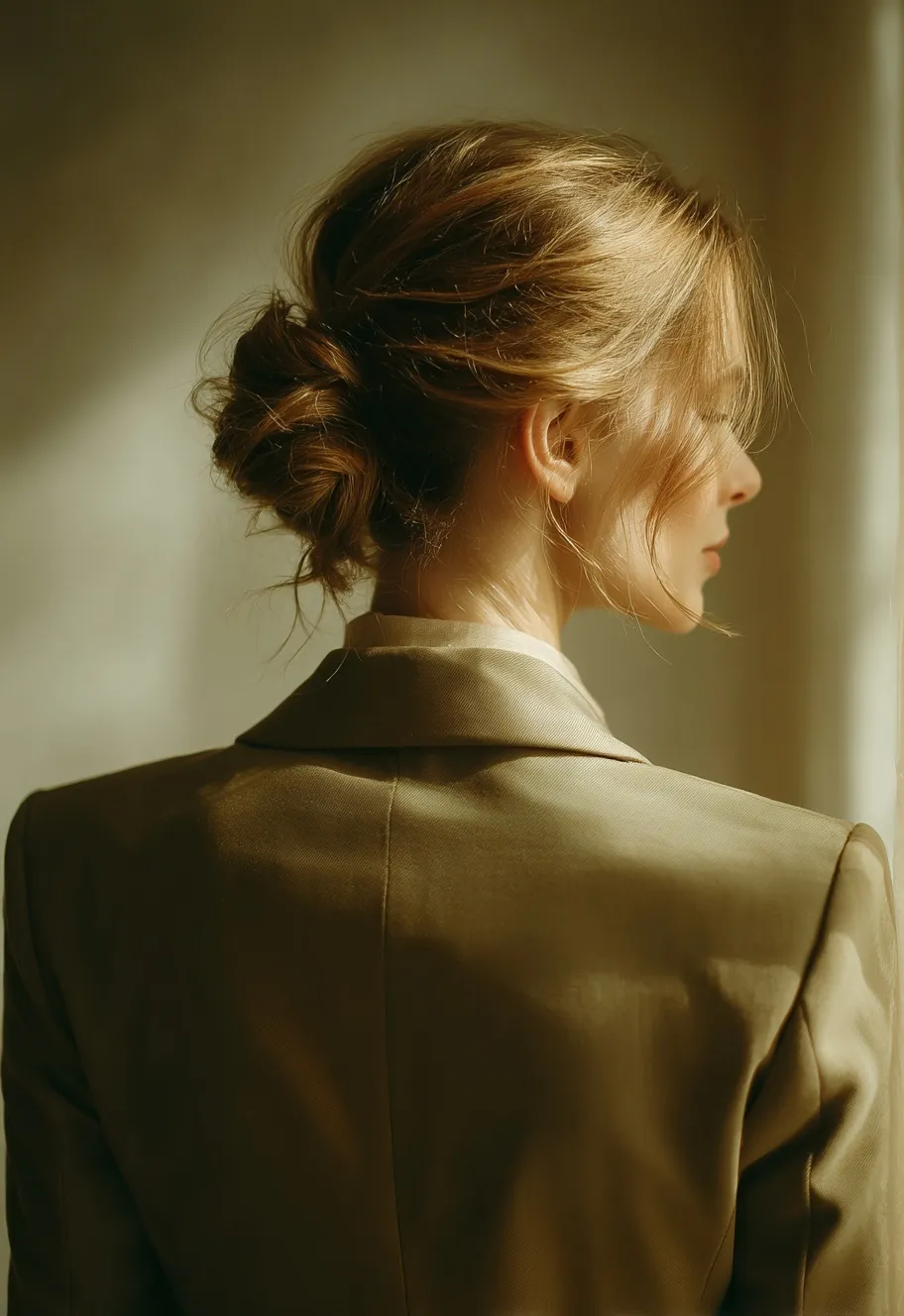 Professional woman with a neat bun hairstyle wearing a tailored suit, back view against a neutral background.