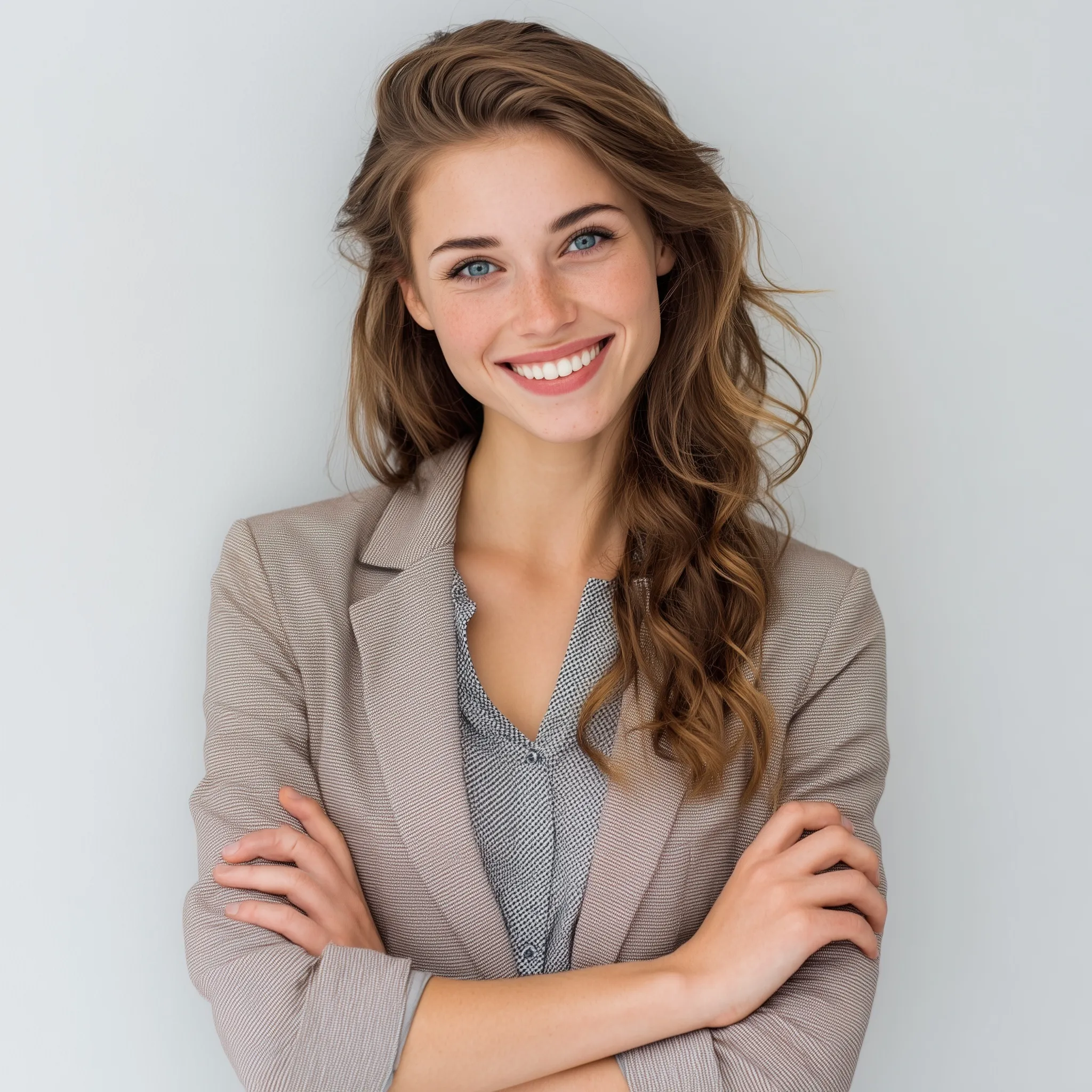 A smiling professional woman with a polished interview hairstyle wearing business casual attire.