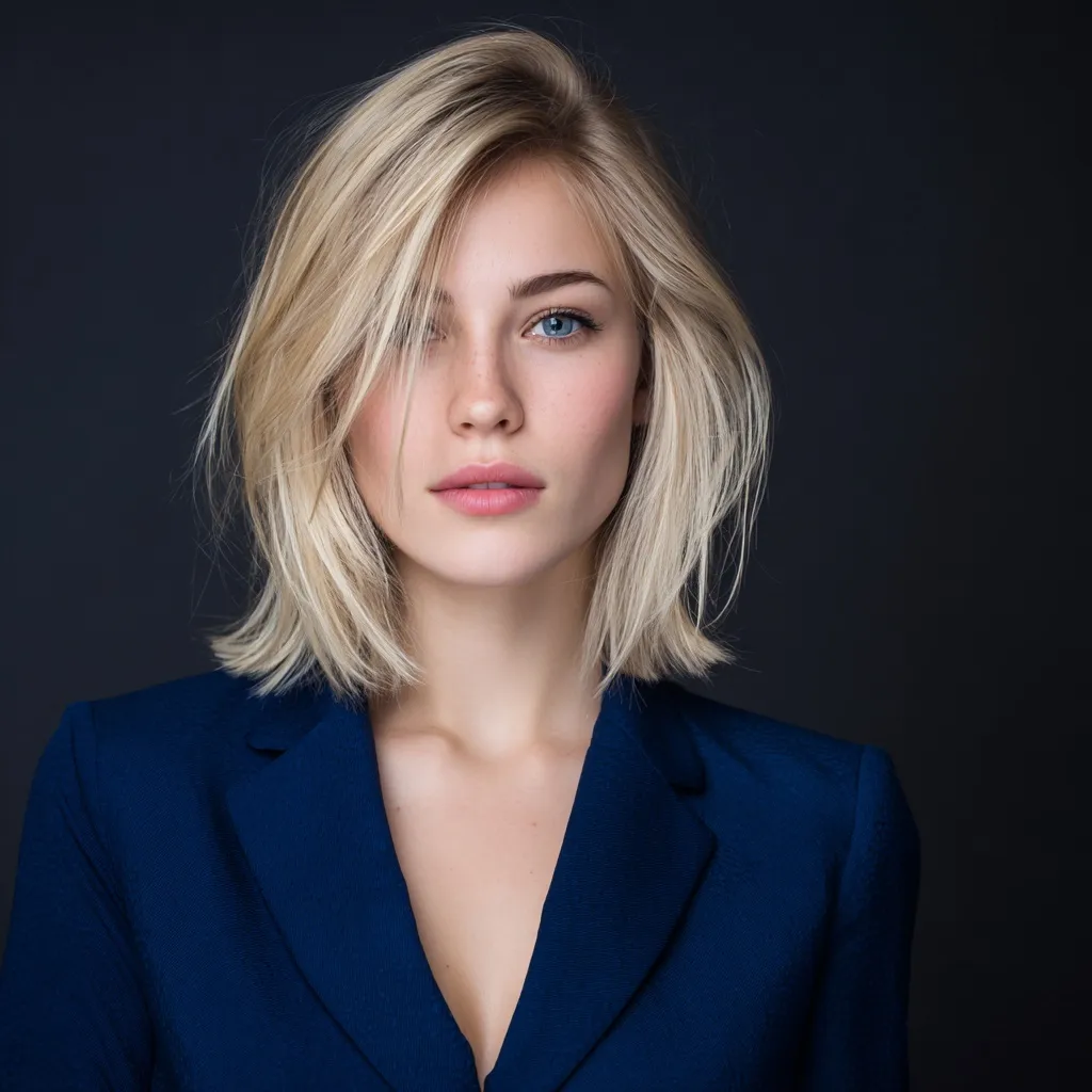 Professional blonde woman with straight shoulder-length hair wearing a blue business suit for a job interview.