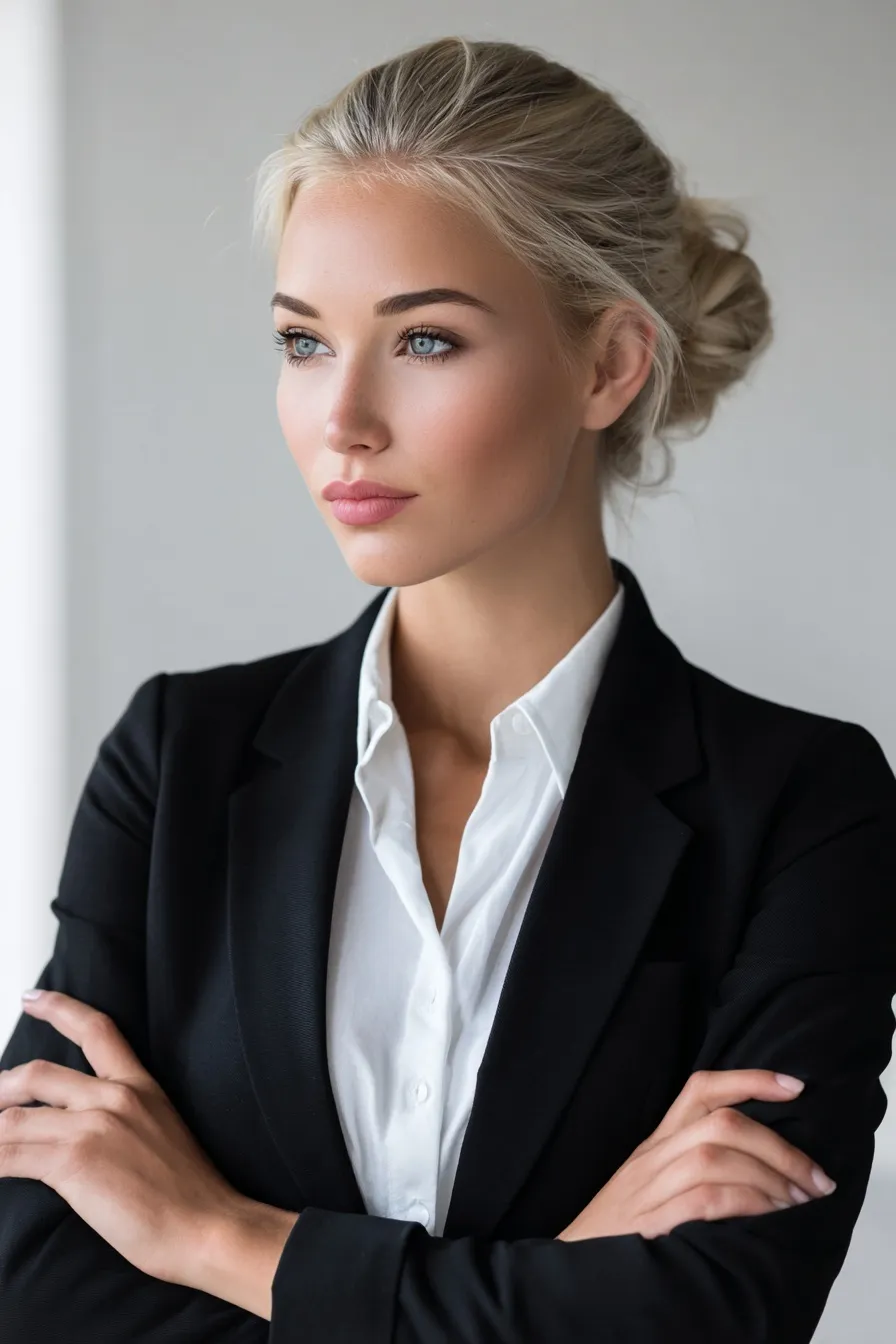 Confident professional woman with blonde hair in a sleek bun, wearing a business suit for a job interview.