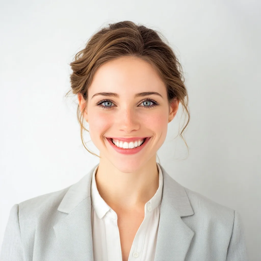 Confident woman with a professional hairstyle and gray business suit smiling for a job interview.