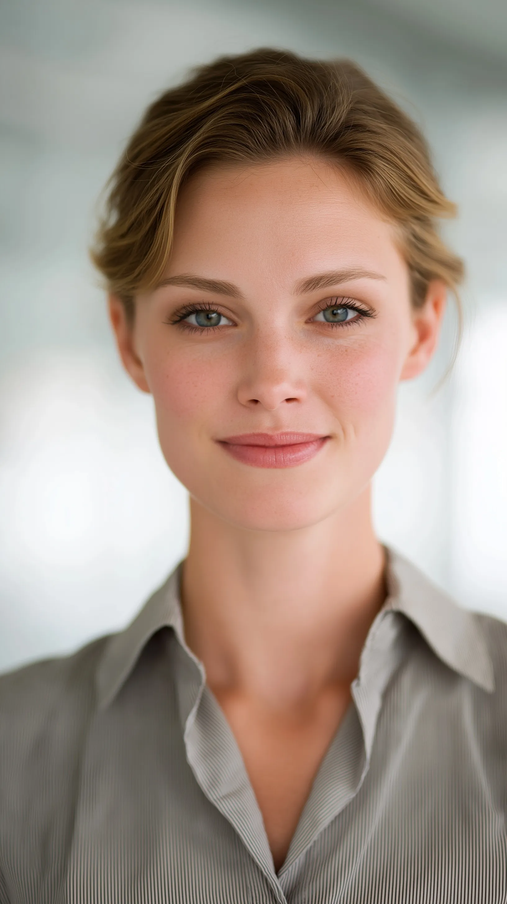Professional young woman with a polished interview hairstyle, confident expression, and business casual attire.