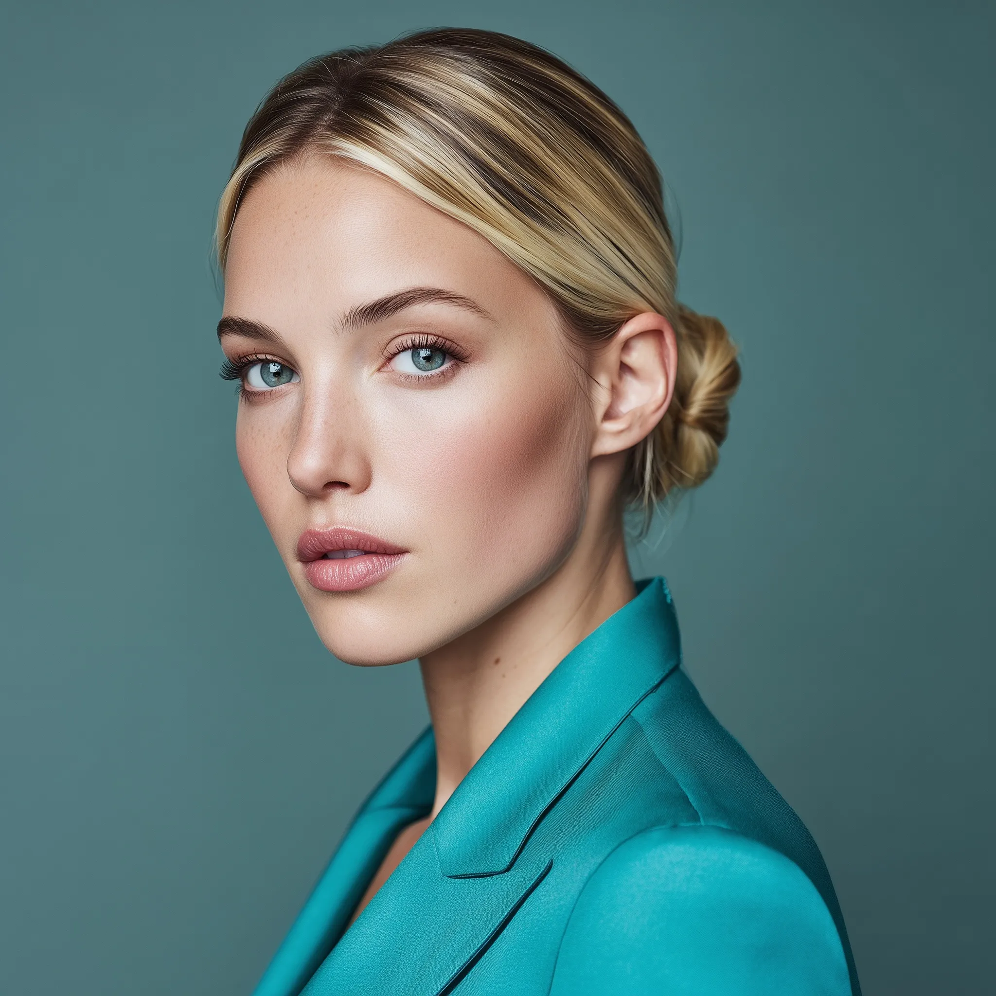 Professional woman with blonde hair in a neat low bun, wearing an elegant suit for a job interview.