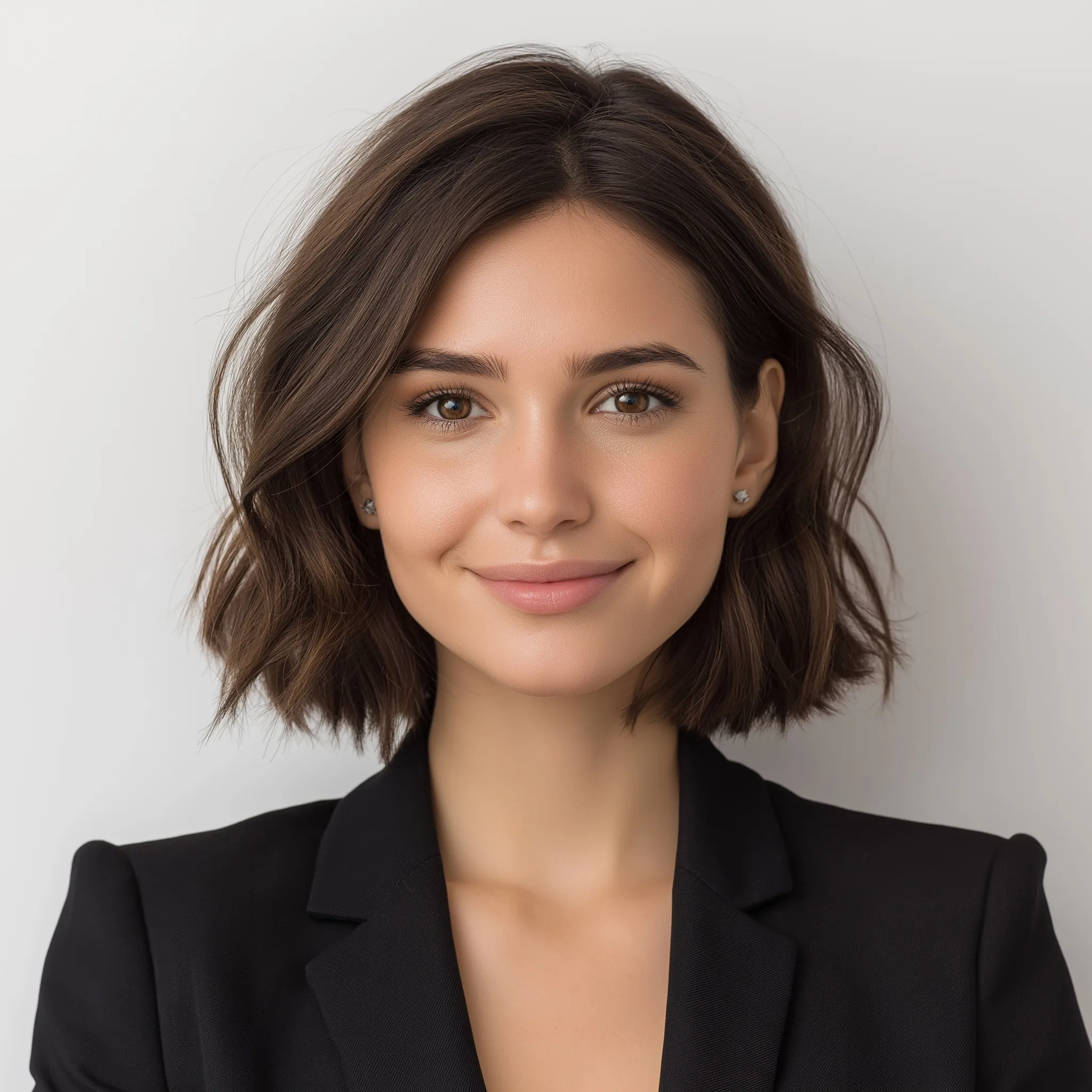 Confident young businesswoman with professional shoulder-length dark brown hairstyle in a modern blazer.