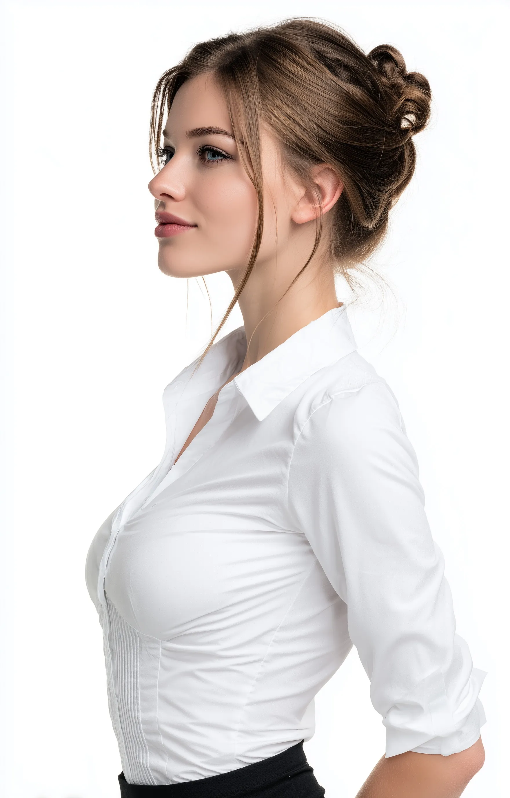 A professional young woman with a stylish interview hairstyle wearing a white shirt against a white background.