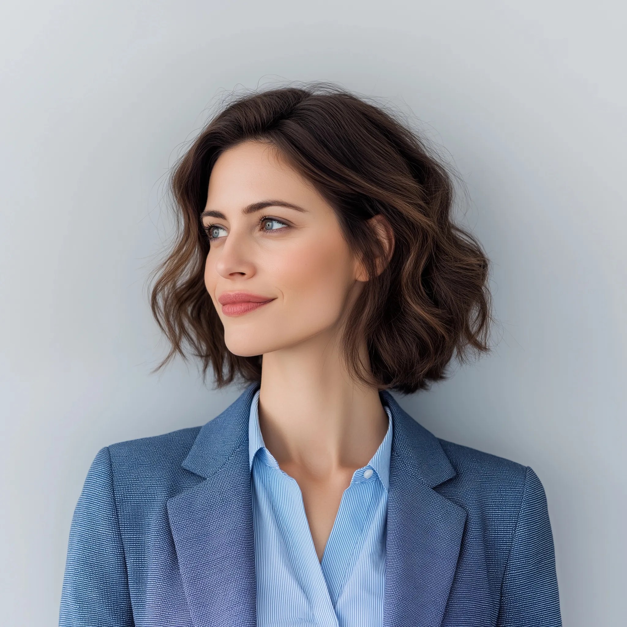 A professional woman with a polished interview hairstyle wearing a blue office suit against a gray background.