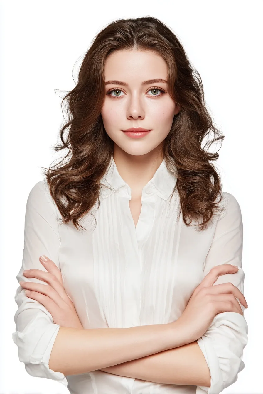A professional young woman with wavy chestnut hair and modern business attire posing in a studio for an interview.