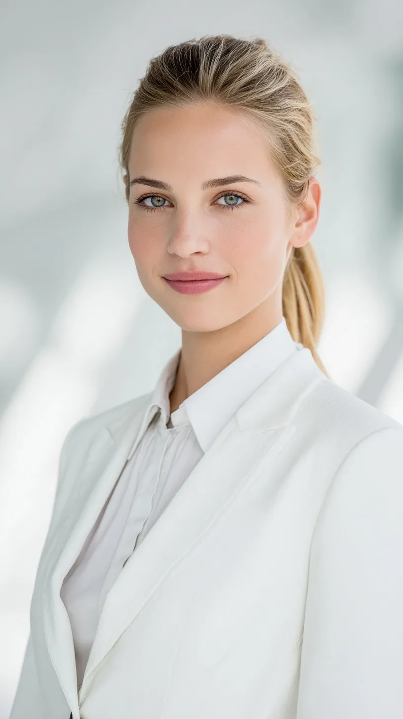 Professional woman with elegant ponytail hairstyle in a white business suit standing against a bright background.