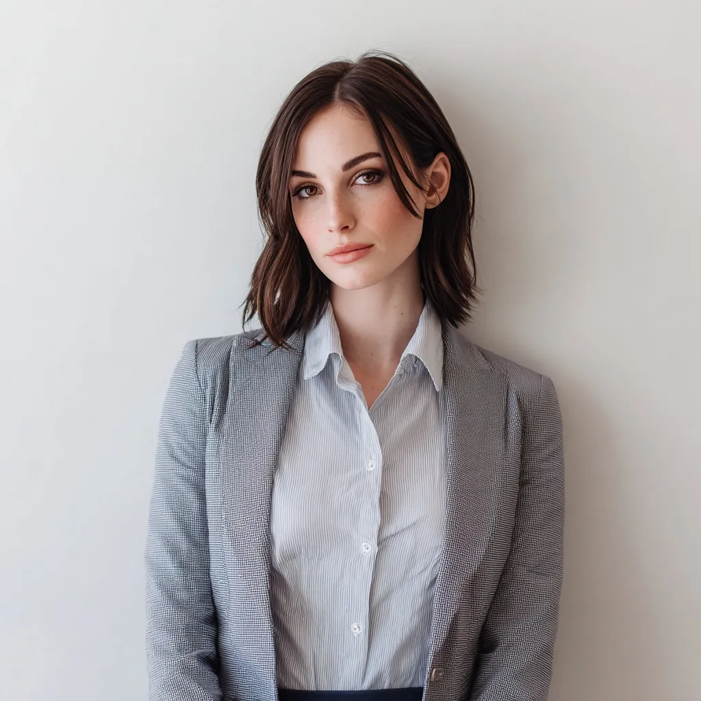 Professional woman with brunette hair in business casual attire preparing for a job interview.