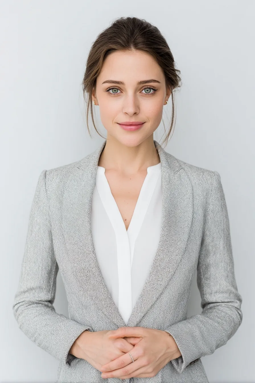 Professional woman in a tailored blazer with a neat low ponytail hairstyle for a business interview.