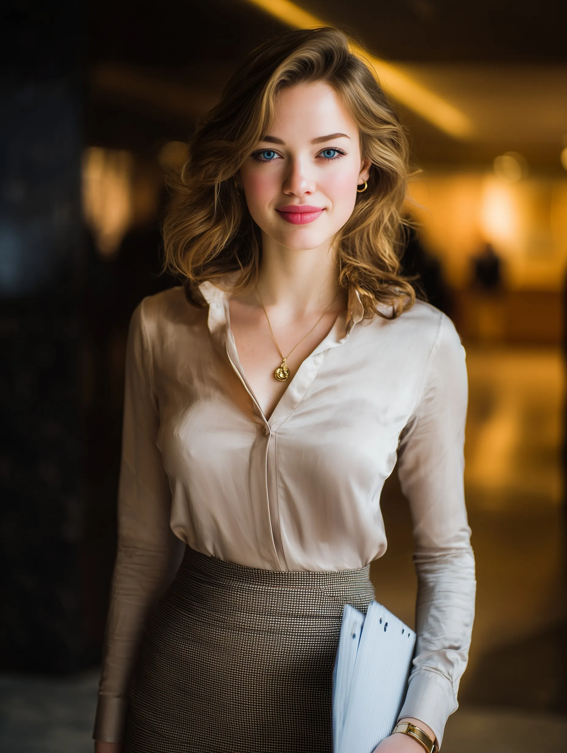 A professional young woman with stylish wavy hair and elegant office attire standing in a modern office lobby.