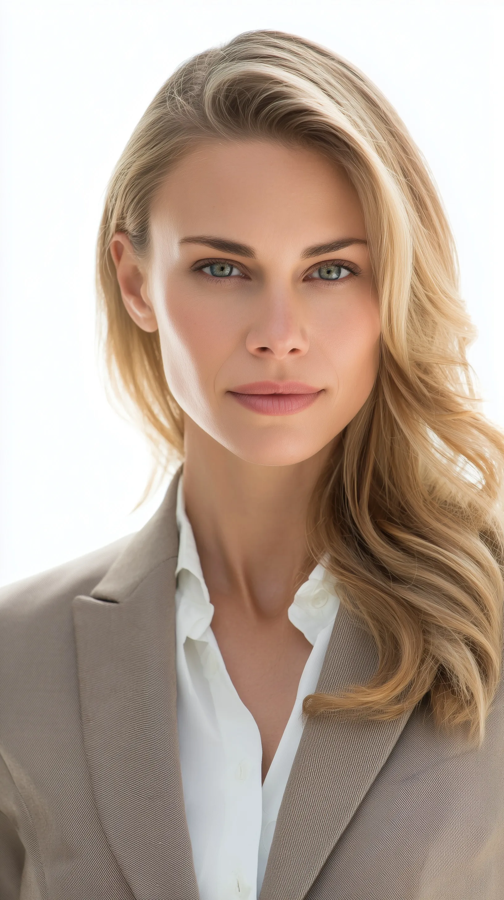 Professional woman with soft waves hairstyle wearing a tailored blazer against a clean white background.