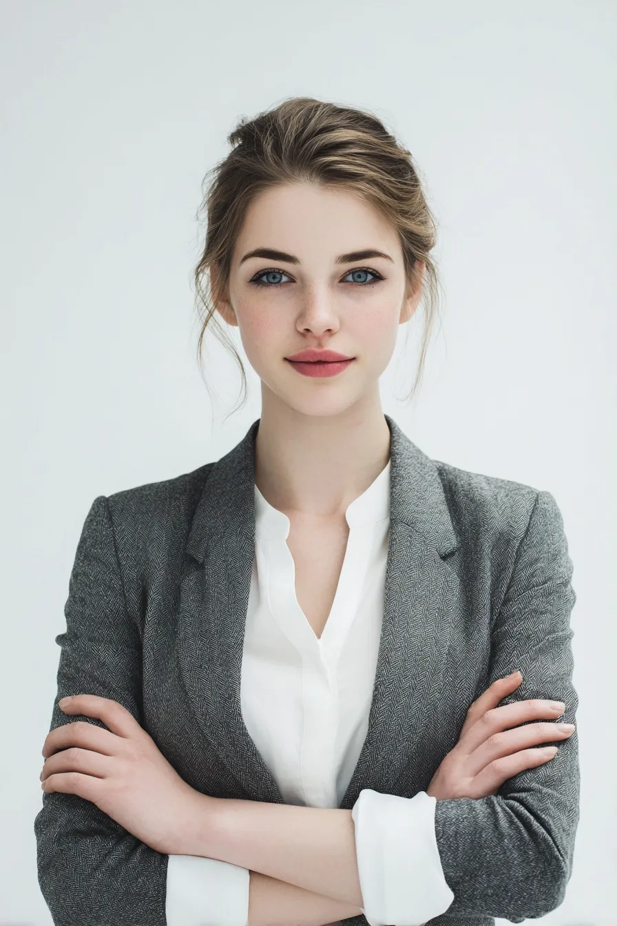 Professional woman with a neat hairstyle and blazer, standing confidently against a white background.